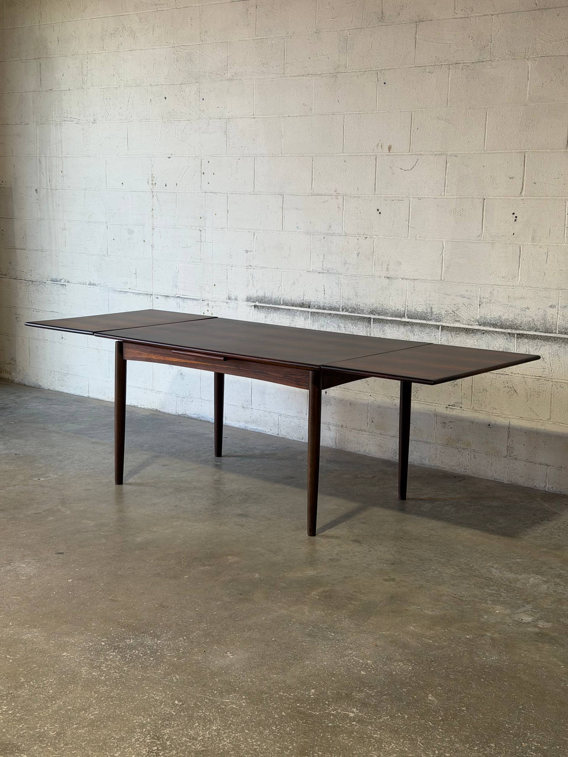 Danish Rosewood Dining Table with Expandable Pull Out Draw Leaves Denmark N&R Møbler 1960s