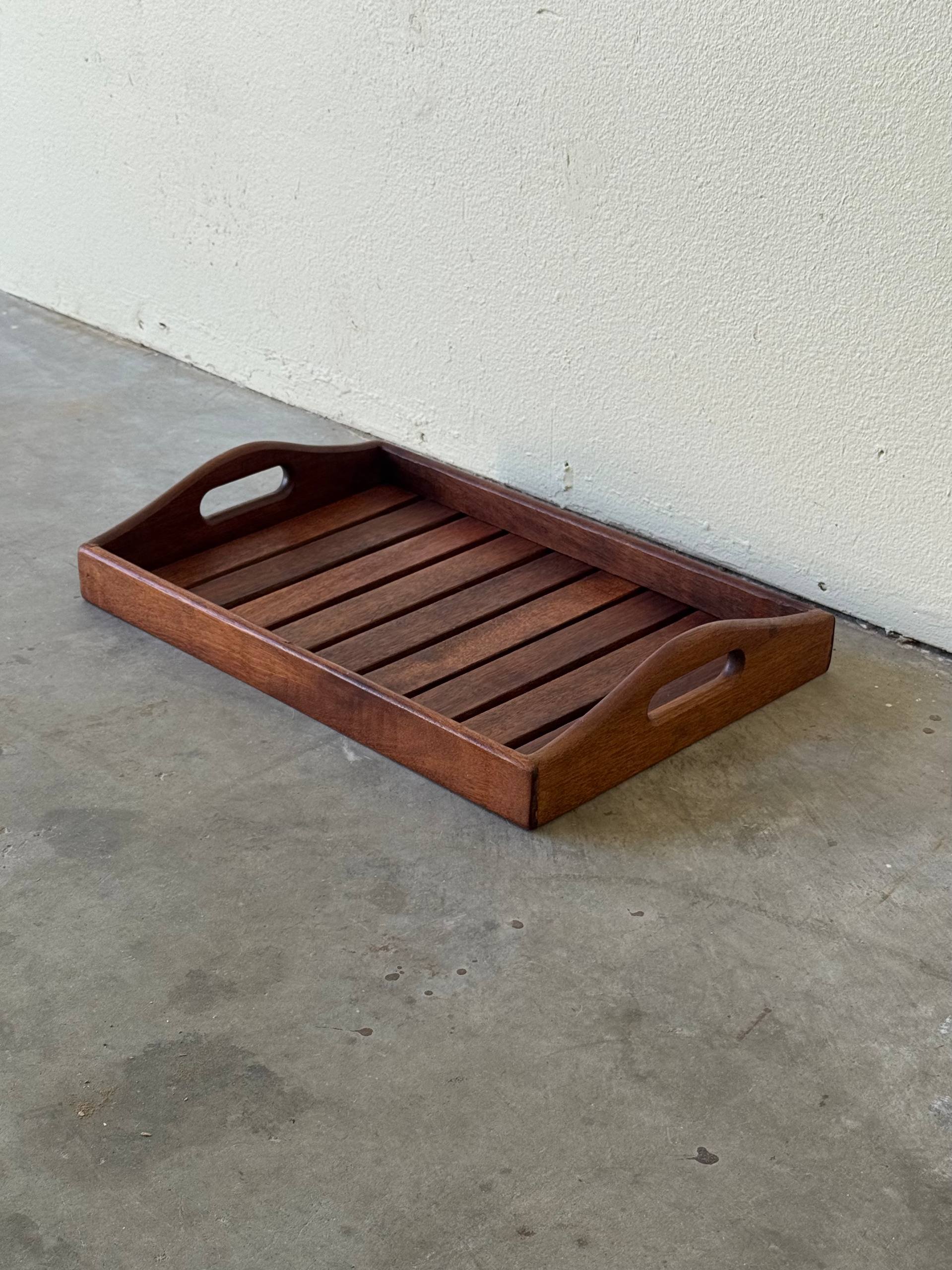 Vintage Danish Teak Serving Tray – Mid-Century Modern Slatted Wood Tray with Cutout Handles 1960s
