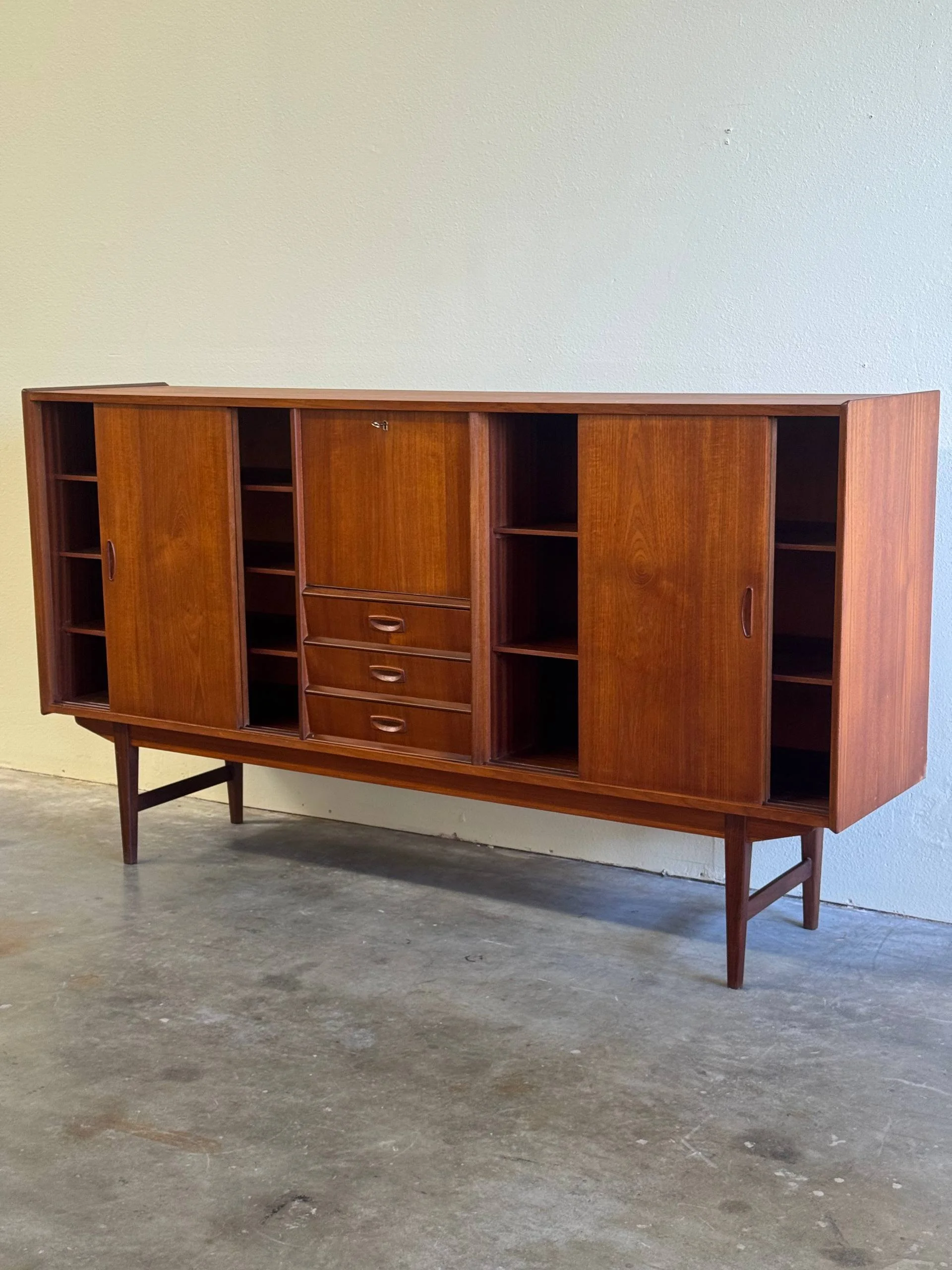 Danish Mid-Century Teak Highboard Sideboard with Sliding Doors - Vintage Lerge Credenza 1960s