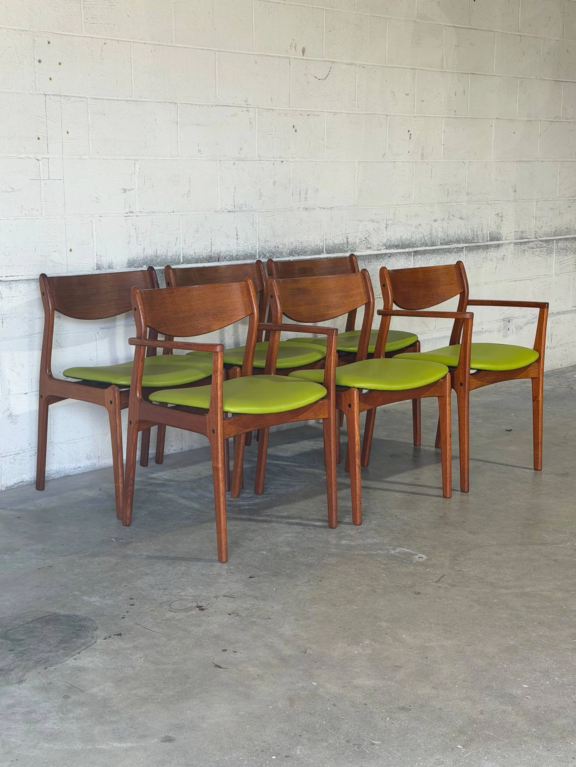 Farsø Stolefabrik Teak Dining Chairs Set of 6 Green Upholstery Danish Mid-Century Modern