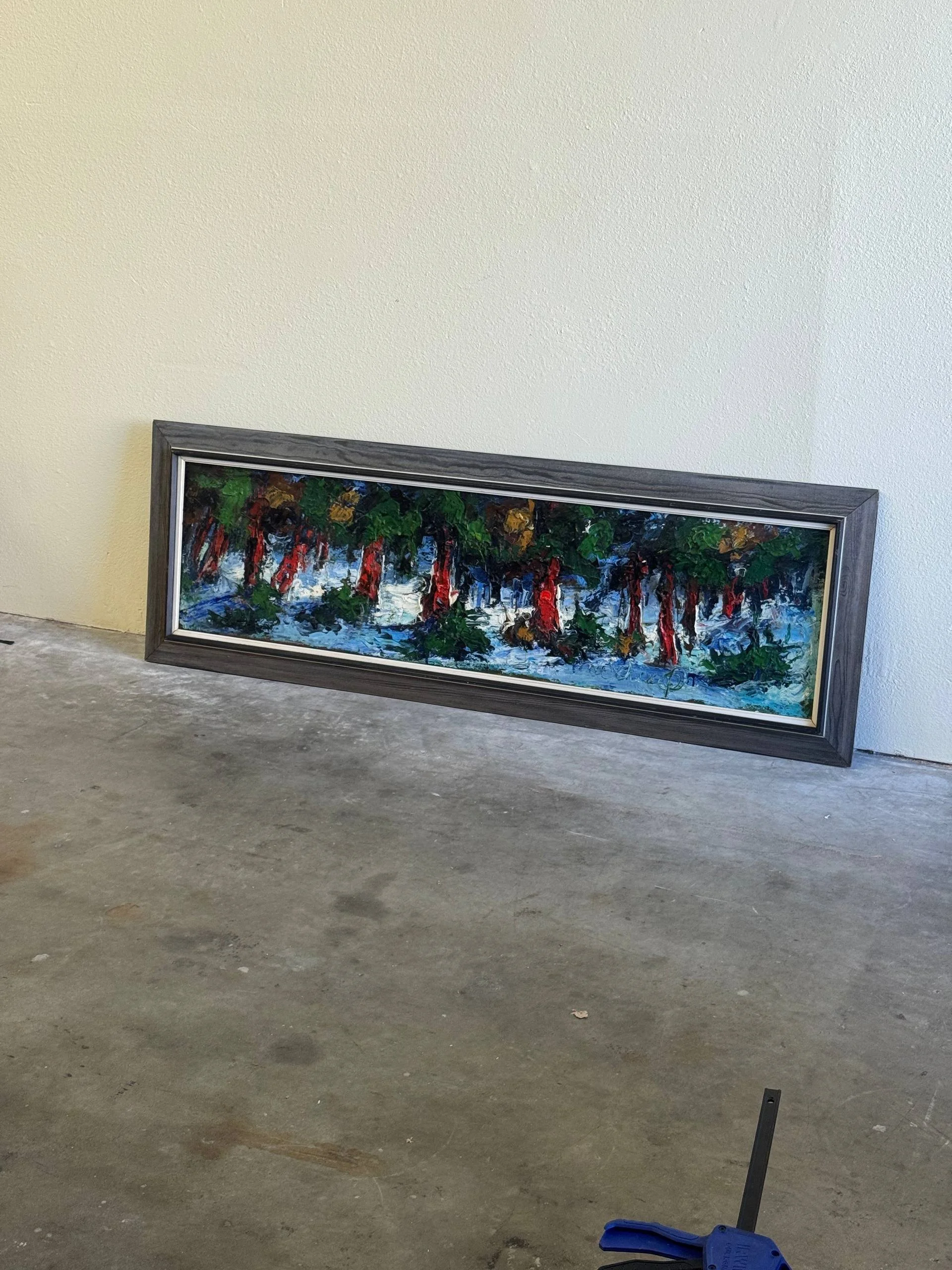 Large Mid-Century European Impasto Landscape Painting 66” Panoramic Forest Scene Art, Signed, 1960s