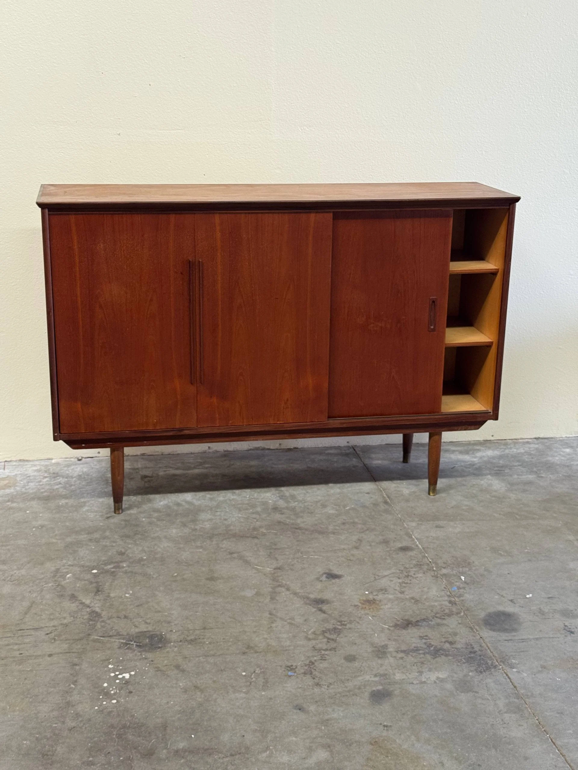 1960s Danish Teak Credenza - MCM Sideboard With Sliding Doors & Pull-Out Trays