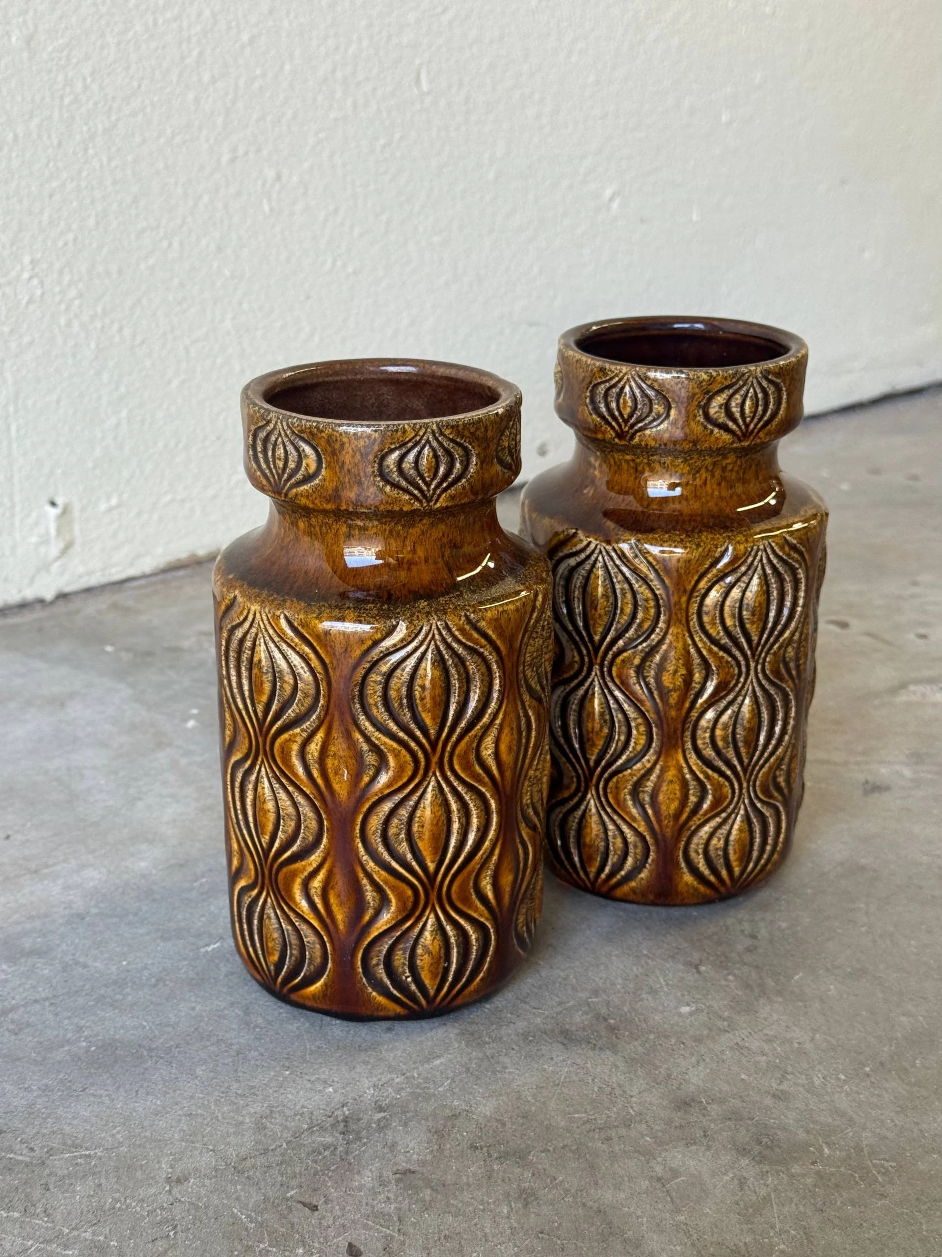 Vintage Scheurich West German Pottery Vases – Mid-Century Fat Lava Ceramic Pair, Brown Drip Glaze