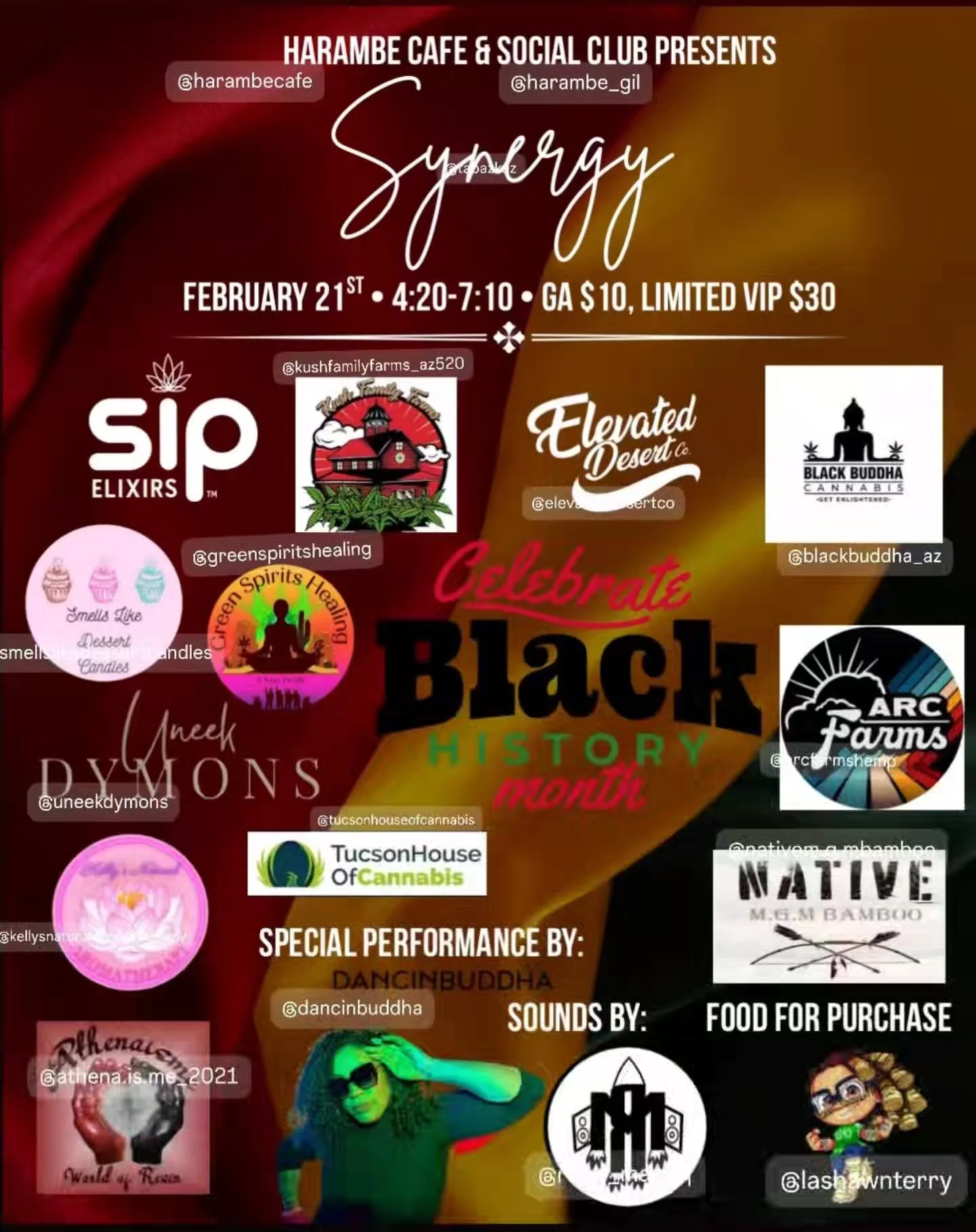 Tucson &mdash; we&rsquo;re at Synergy tonight (Saturday 2/21) at @harambecafe. Music, food, cannabis, and community. Come tap in and connect with ARC Farms 🌵

📍 6464 E Tanque Verde Rd #150, Tucson, AZ 85715
⏱️ 4:20&ndash;7:10PM
🎟️ GA $10 | VIP $30