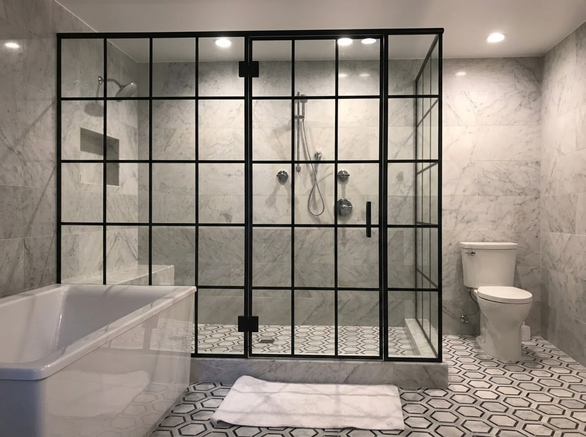 Modern bathroom with a glass-enclosed shower, bathtub, and toilet. The shower has black metal framing and is tiled with light gray marble, matching the surrounding walls. The floor features a white and black hexagonal tile design. There is a white bath mat on the floor in front of the shower.
