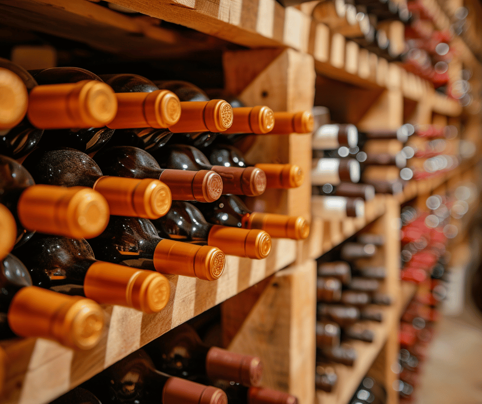 Shelves filled with wine bottles stored horizontally in a wine cellar or store.