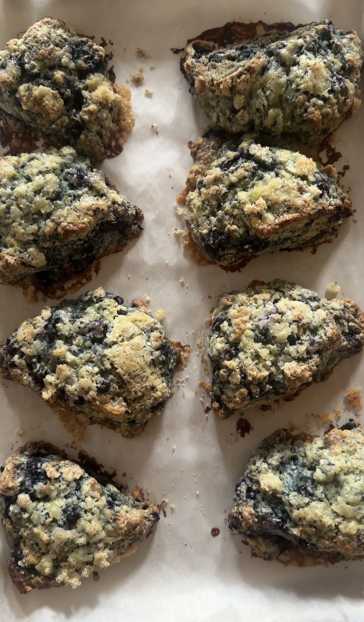 Multiple homemade blueberry scones with crumbly topping on a baking sheet lined with parchment paper.