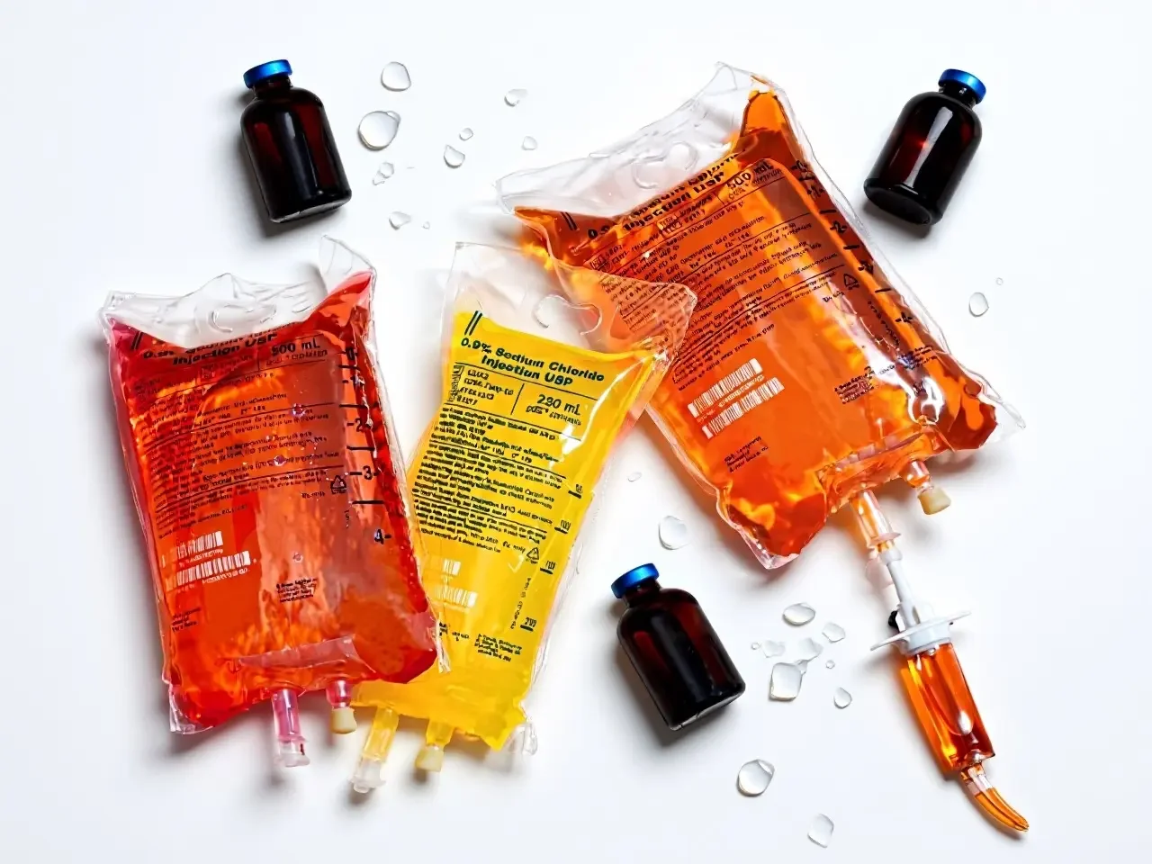 Three IV fluid bags with orange, red, and yellow liquids and four small dark brown bottles, some with caps off, on a white surface with water droplets.