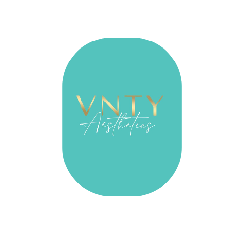 Logo for VNTY Aesthetics with gold and white text on a teal background.