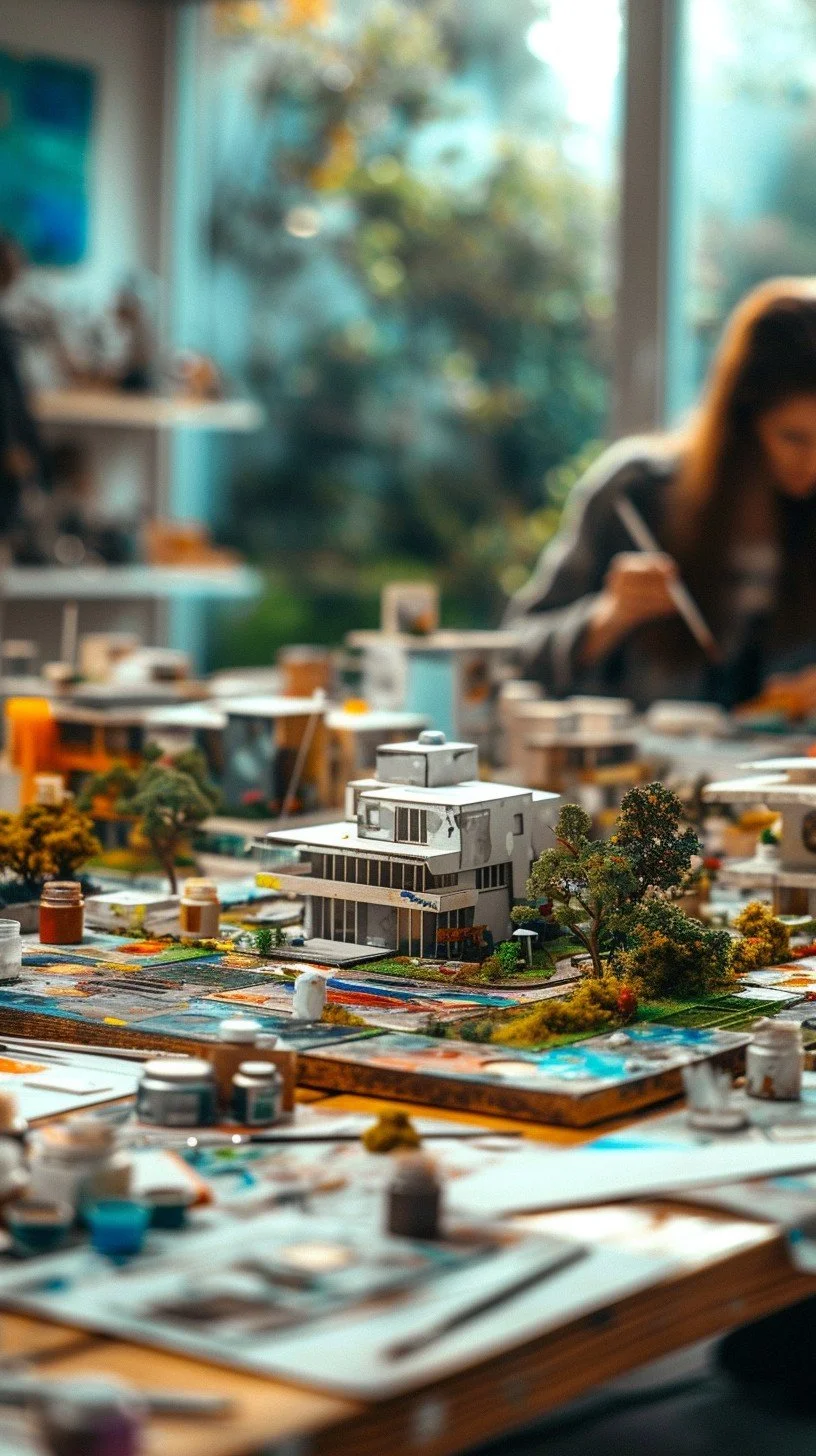 Close-up view of a detailed architectural miniature model of a modern building with surrounding trees and landscaped areas, displayed on a table in a well-lit room with blurred people in the background.