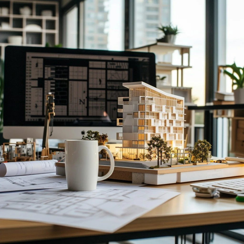 Architectural model of a modern multi-story building on a desk with blueprints and a computer screen in the background.
