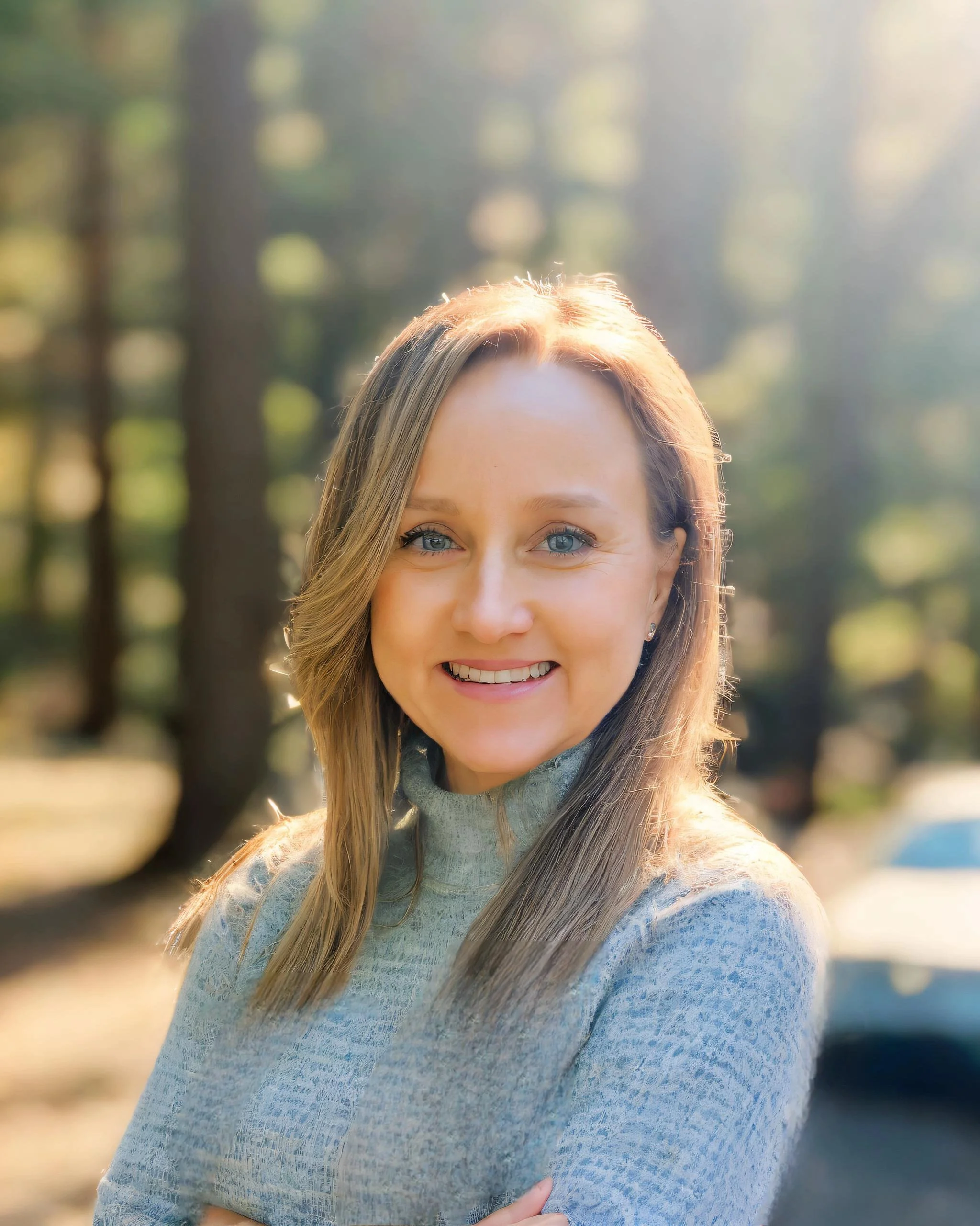 A woman with wavy brown hair and blue eyes outdoors in a forest, wearing a cream coat over a navy sweater, carrying a black bag, and smiling at the camera.