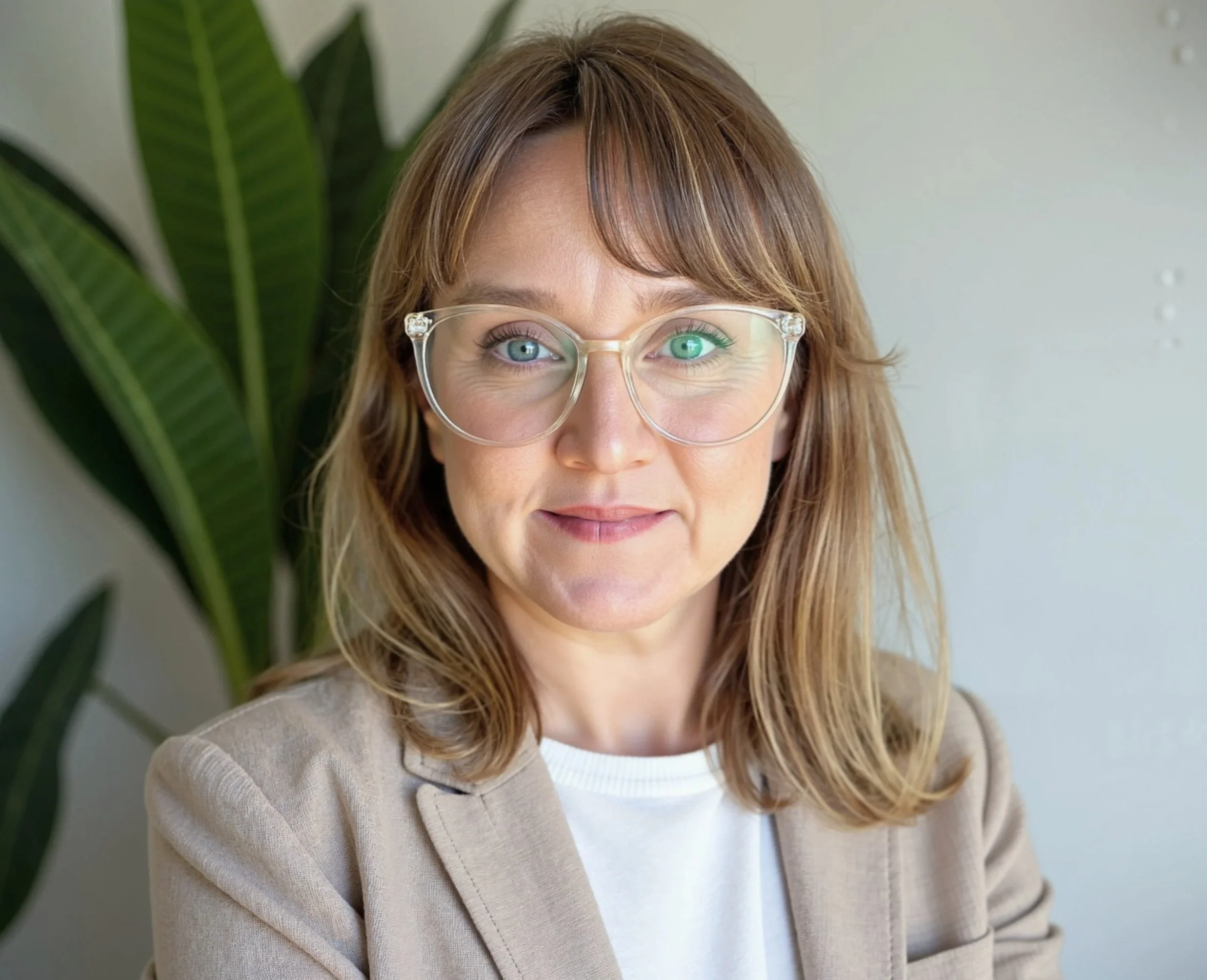 A woman with wavy brown hair and blue eyes outdoors in a forest, wearing a cream coat over a navy sweater, carrying a black bag, and smiling at the camera.