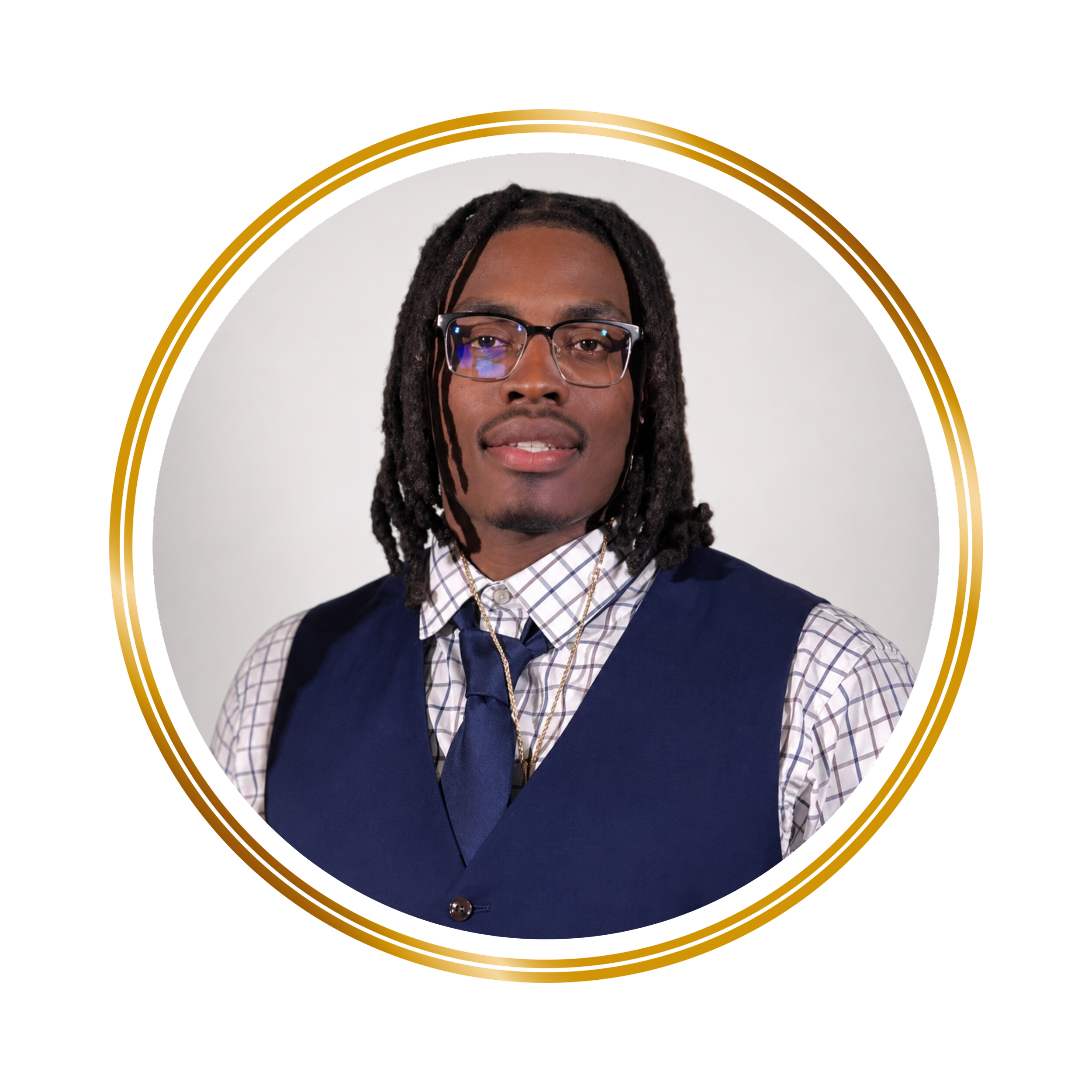 Close-up of a young man with dreadlocks and glasses, wearing a checkered shirt and a dark vest, against a white background with a circular gold and black graphic overlay.