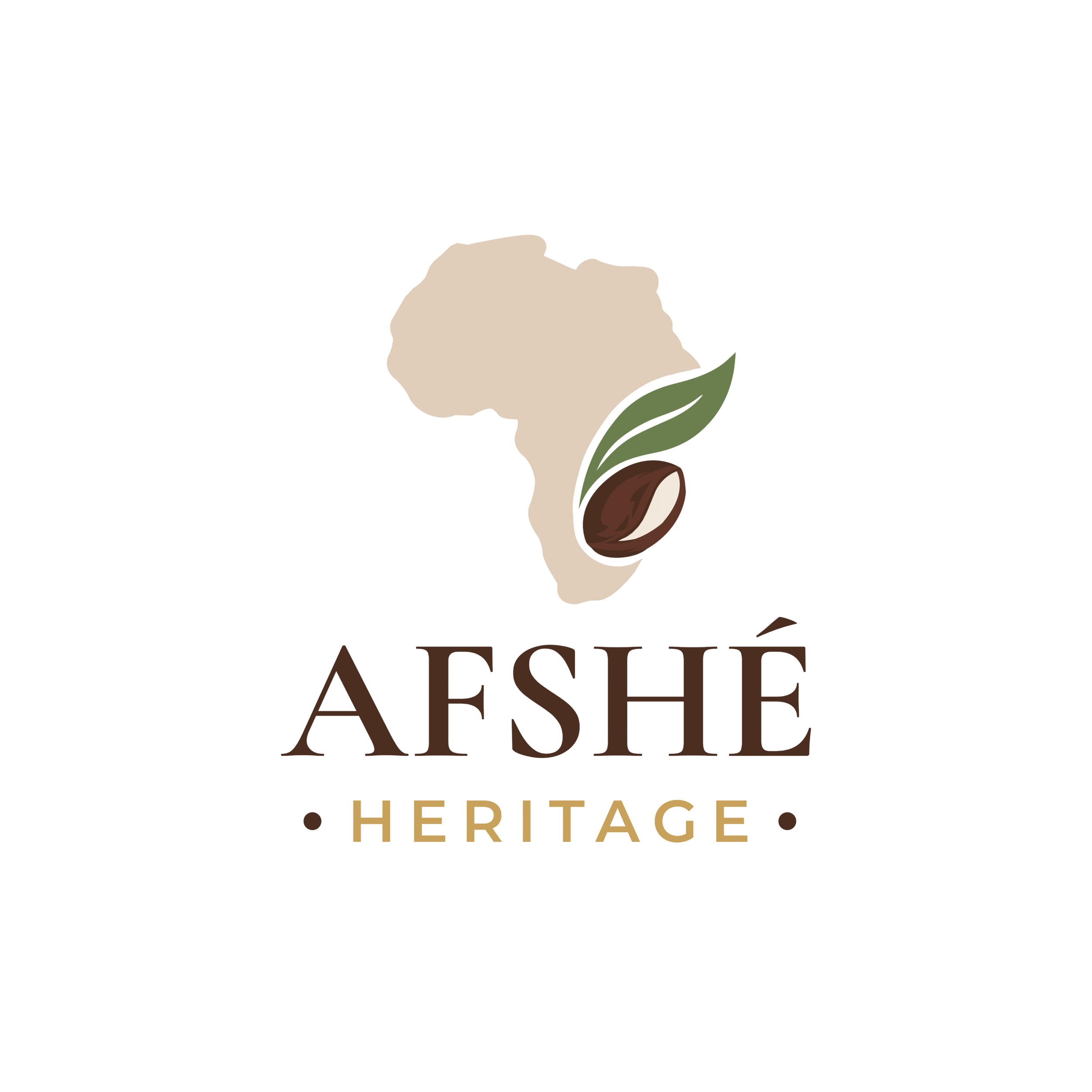 A logo for Ashé Heritage featuring a cream-colored flower with green leaves and a brown seed or nut at the base, with the text 'Ashé Heritage' beneath in brown and beige.