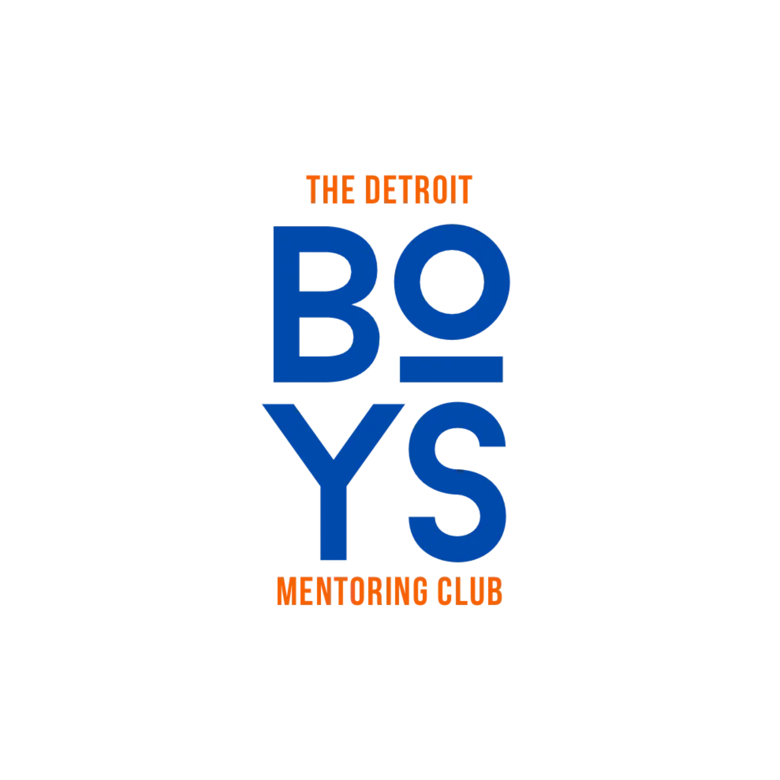 Graphic design with the text 'THE DETROIT' in orange and 'MENTORING CLUB' at the bottom in orange, with a large blue 'BOYS' in the background.