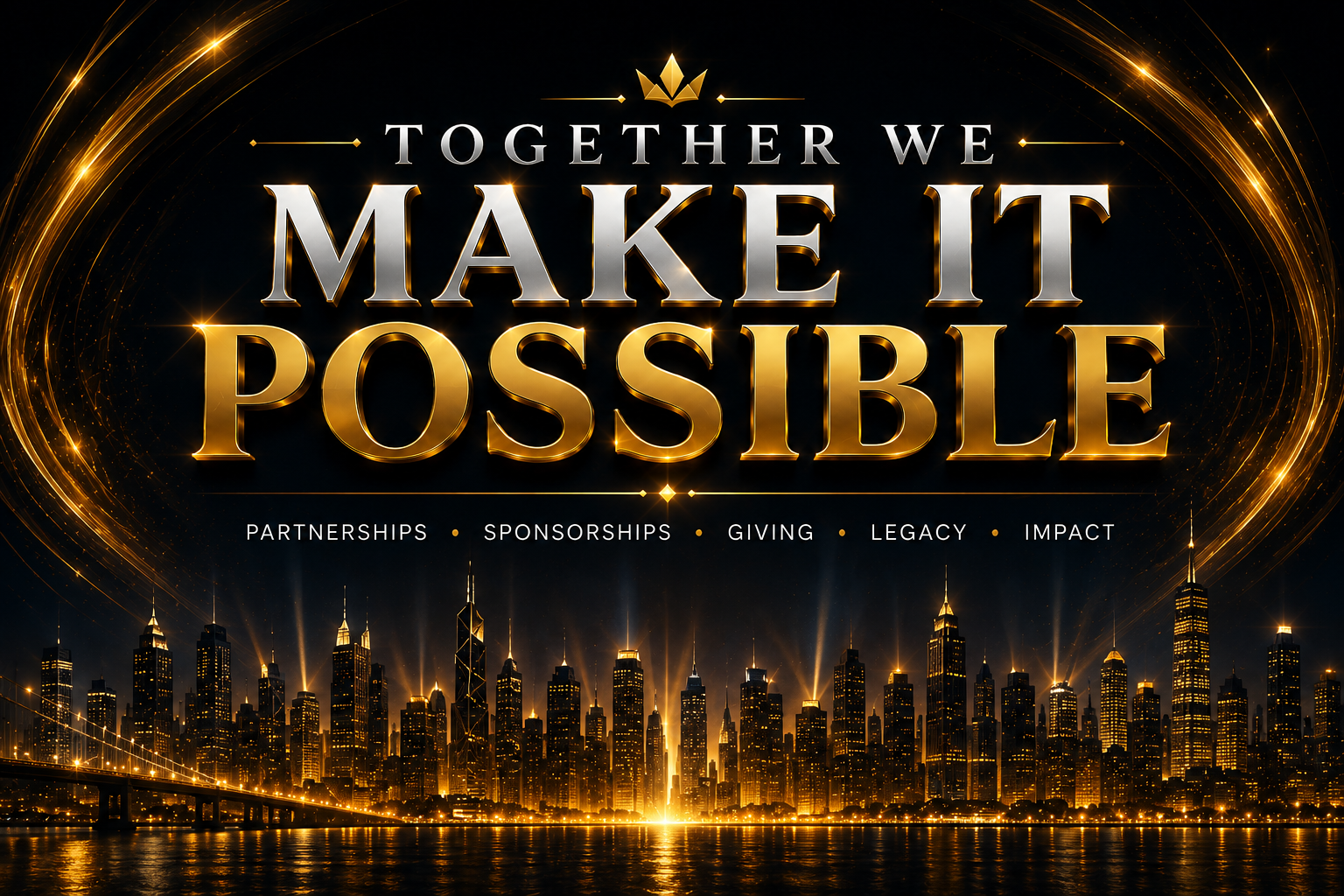 A city skyline illuminated with golden lights against a dark sky, with a glowing, swirling pattern of lights above. The text reads 'Together We Make It Possible' with keywords 'Partnerships,' 'Sponsorships,' 'Giving,' 'Legacy,' and 'Impact' below.