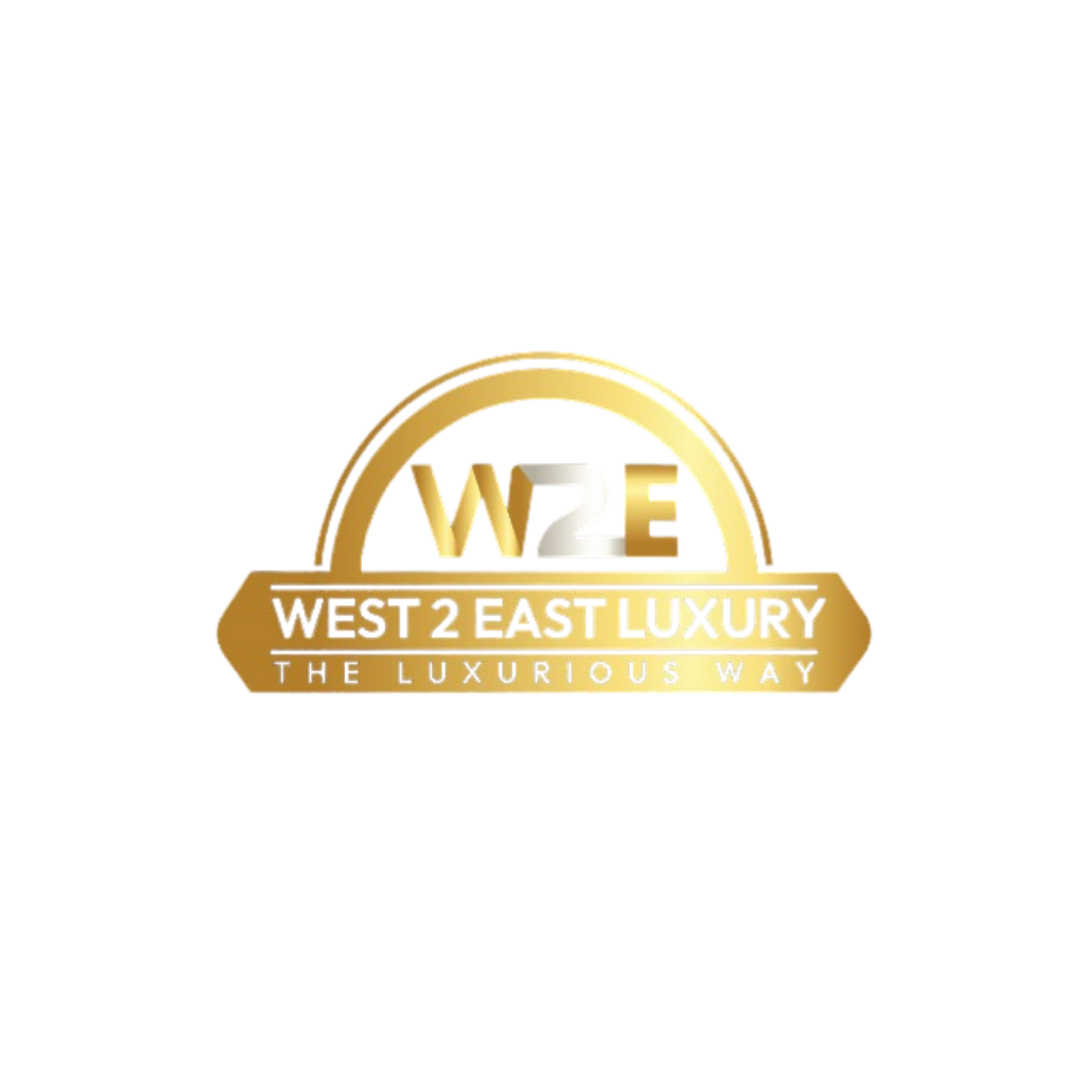 Gold and purple logo with the letters 'W2E' and the words 'West 2 East Luxury The Luxury Way' underneath.