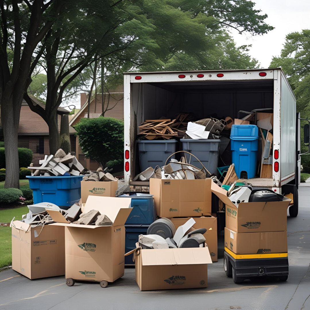 A moving truck filled with discarded household items and cardboard boxes, parked on a driveway in a suburban neighborhood.