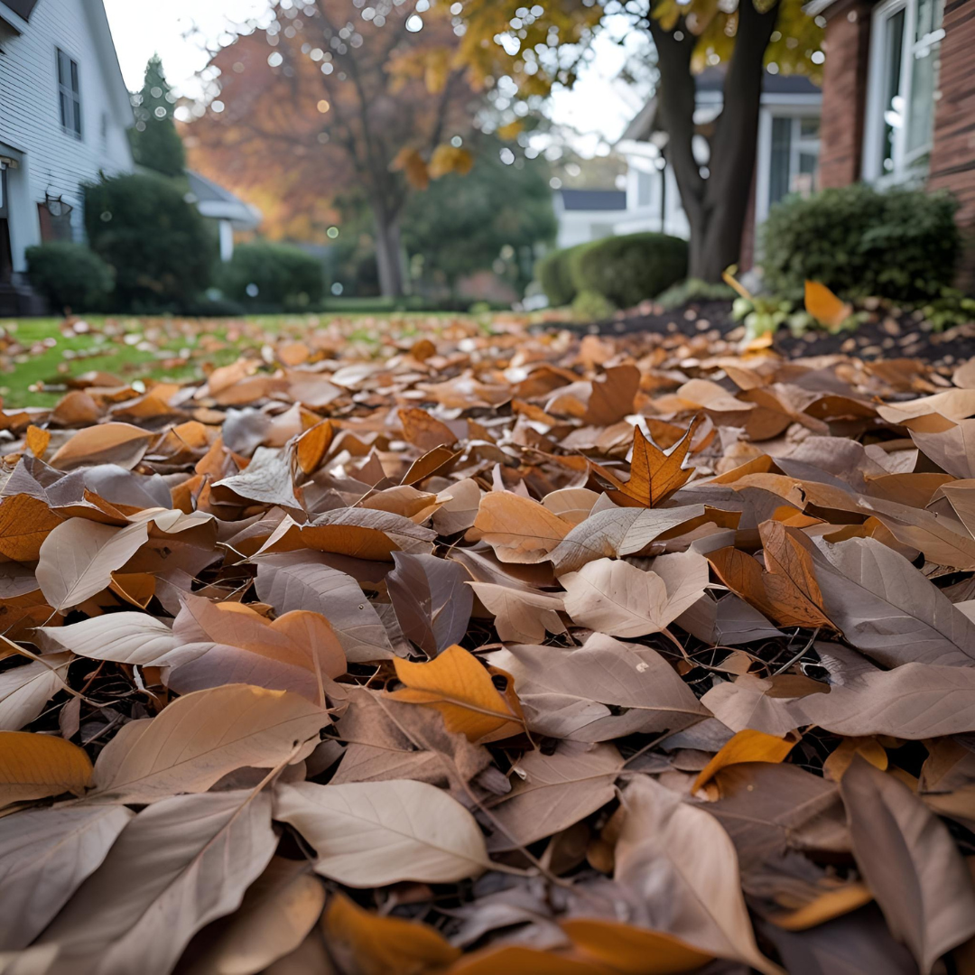 A close-up view of fallen autumn leaves covering a sidewalk in a residential neighborhood, with houses and trees with autumn foliage in the background.