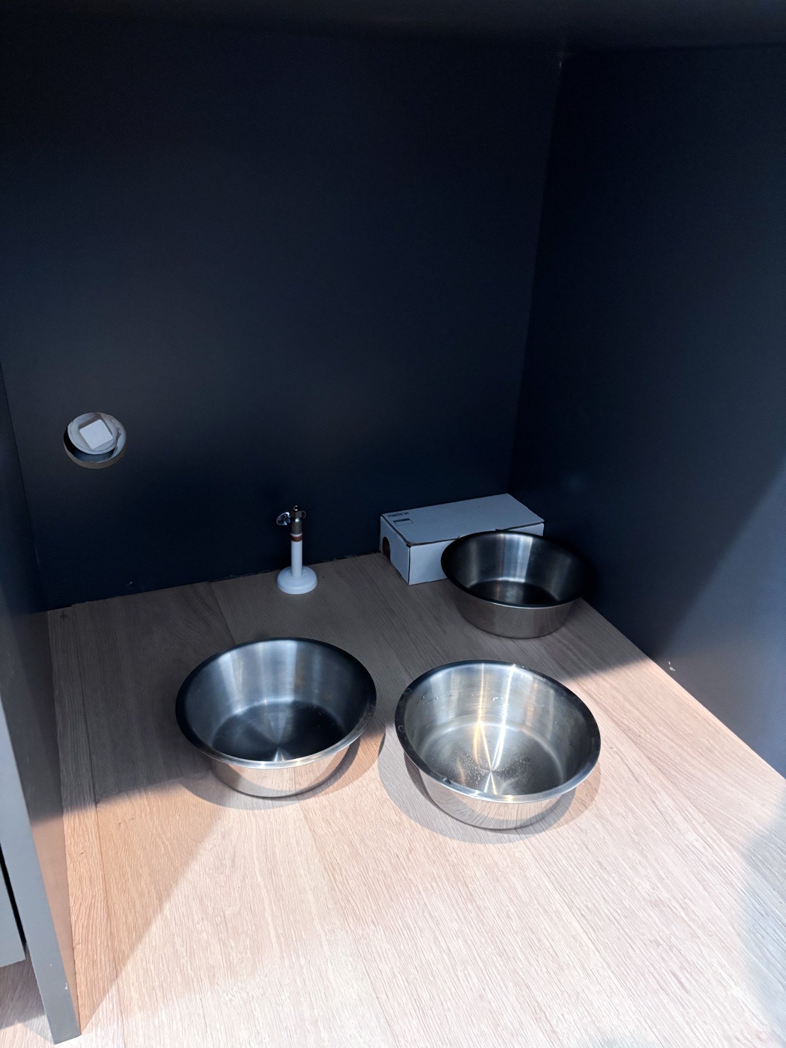 Before photo of what is to be a built‑in dog water station with faucet and stainless‑steel bowls recessed into laundry room cabinetry in Eagle, Idaho