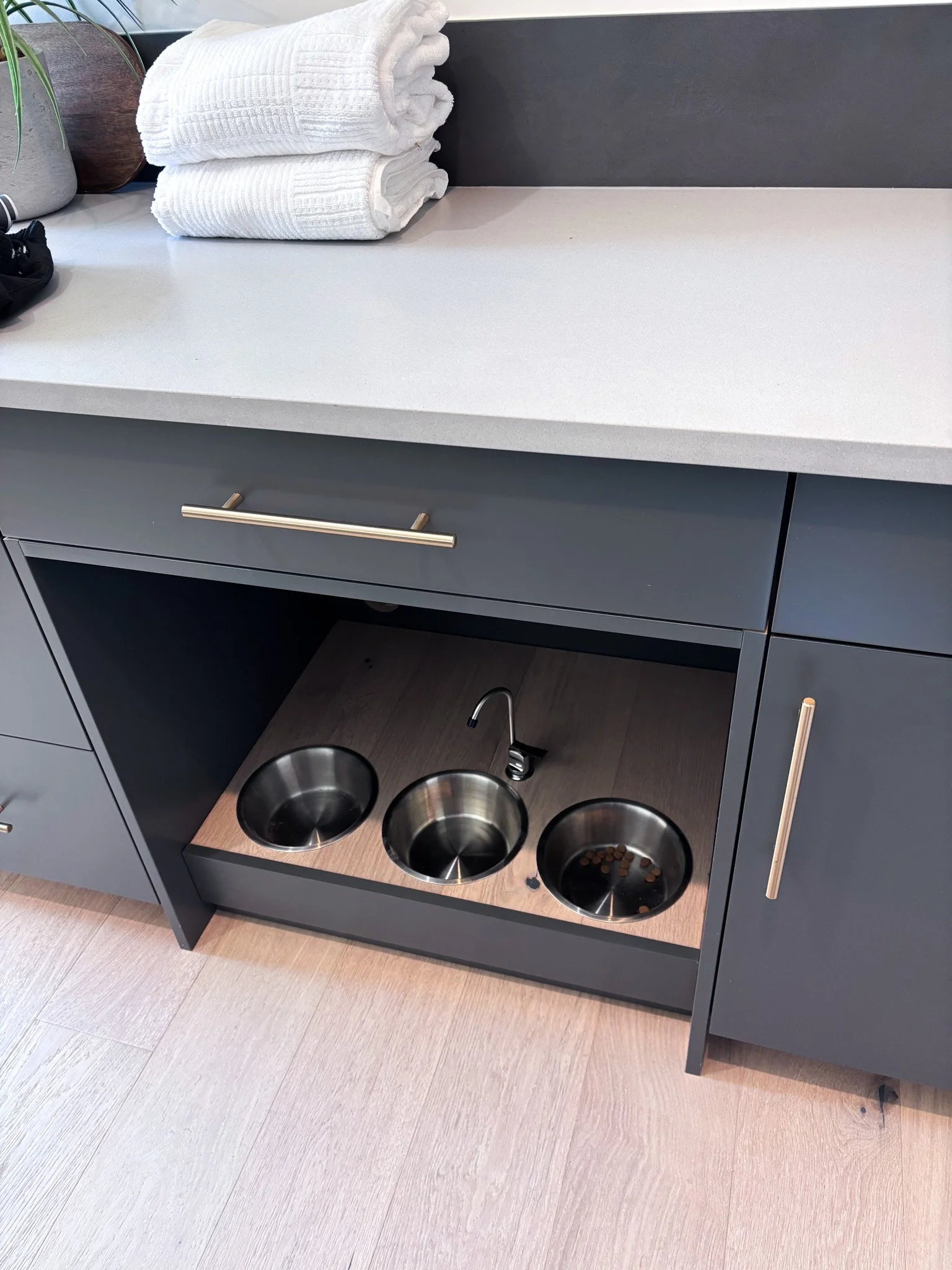 Finished view of custom dog feeding station with built‑in faucet and matching cabinetry in Eagle, Idaho