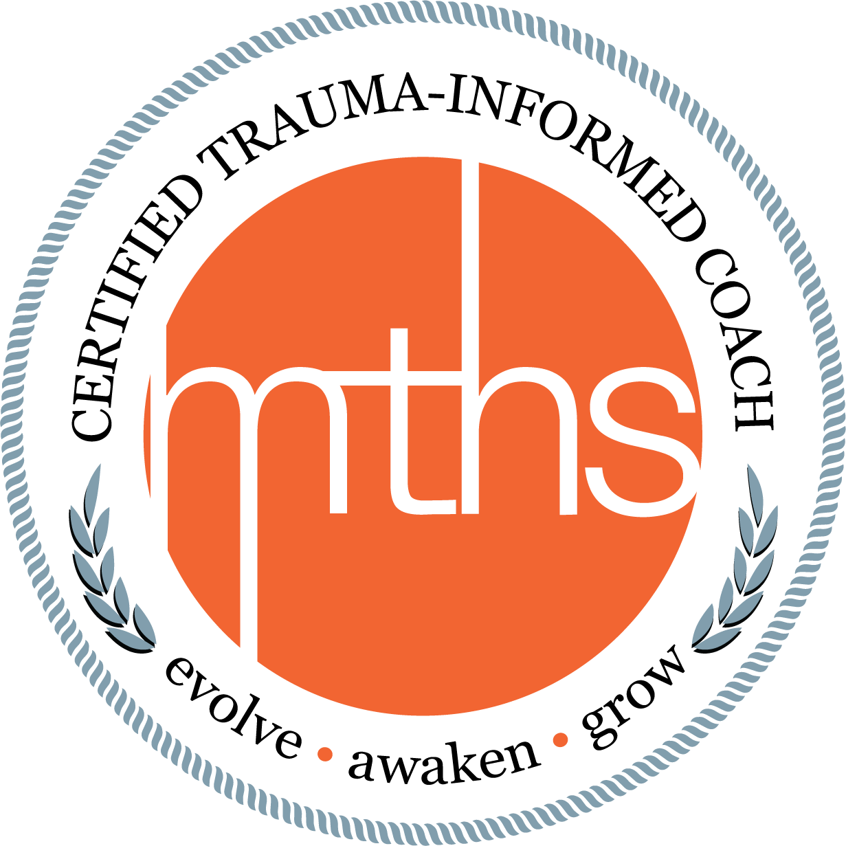 MTHS logo featuring an orange circle with black lowercase letters 'mths' inside, surrounded by a gray laurel wreath and a black ring with gray and black decorative elements.