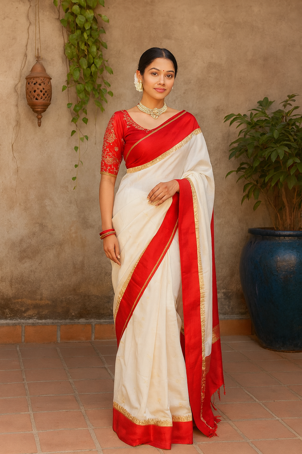 Ready to Wear Red N White Silk Saree