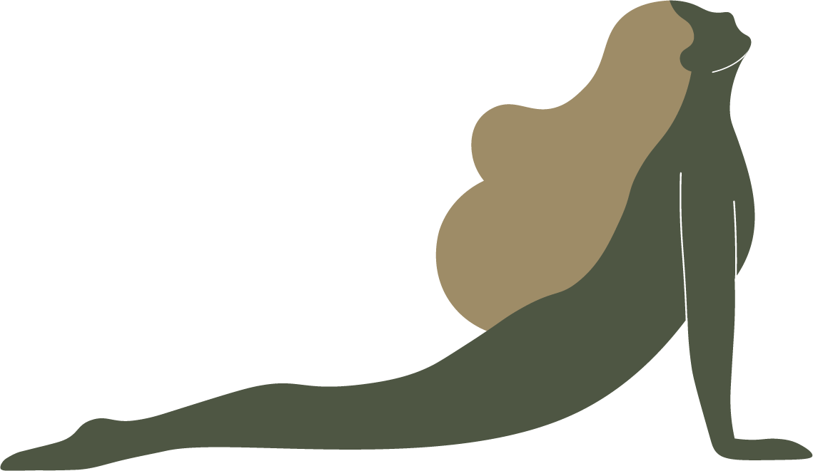 Minimalist illustration of a person doing the cobra yoga pose, lying on their stomach with arms extended, head raised, and chest pushed upward.