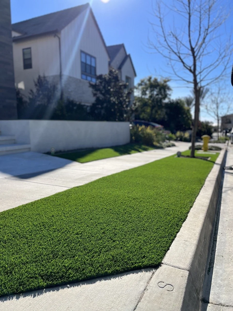 A bright sunny day on a residential street with a house in the background, a sidewalk, and a strip of artificial grass in the foreground. The house has white and gray exterior walls and large windows. A leafless tree and some bushes are visible along