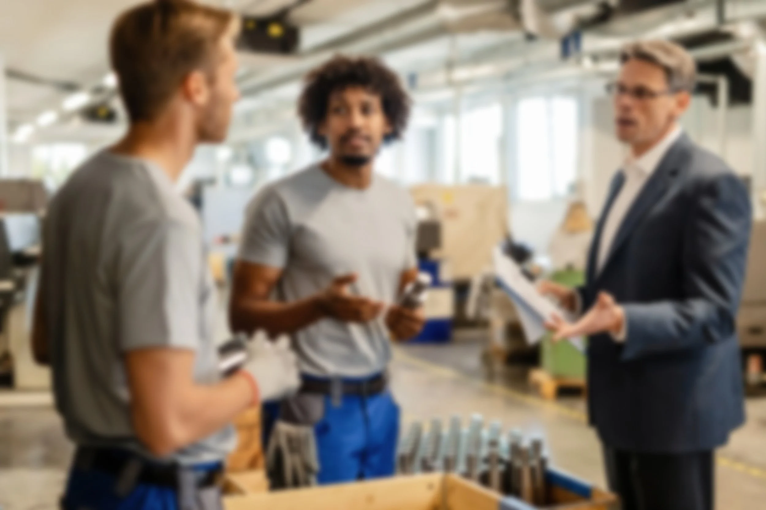 Three men in a factory or warehouse having a discussion, two are wearing work uniforms and the third in a suit, holding a clipboard and a paper.