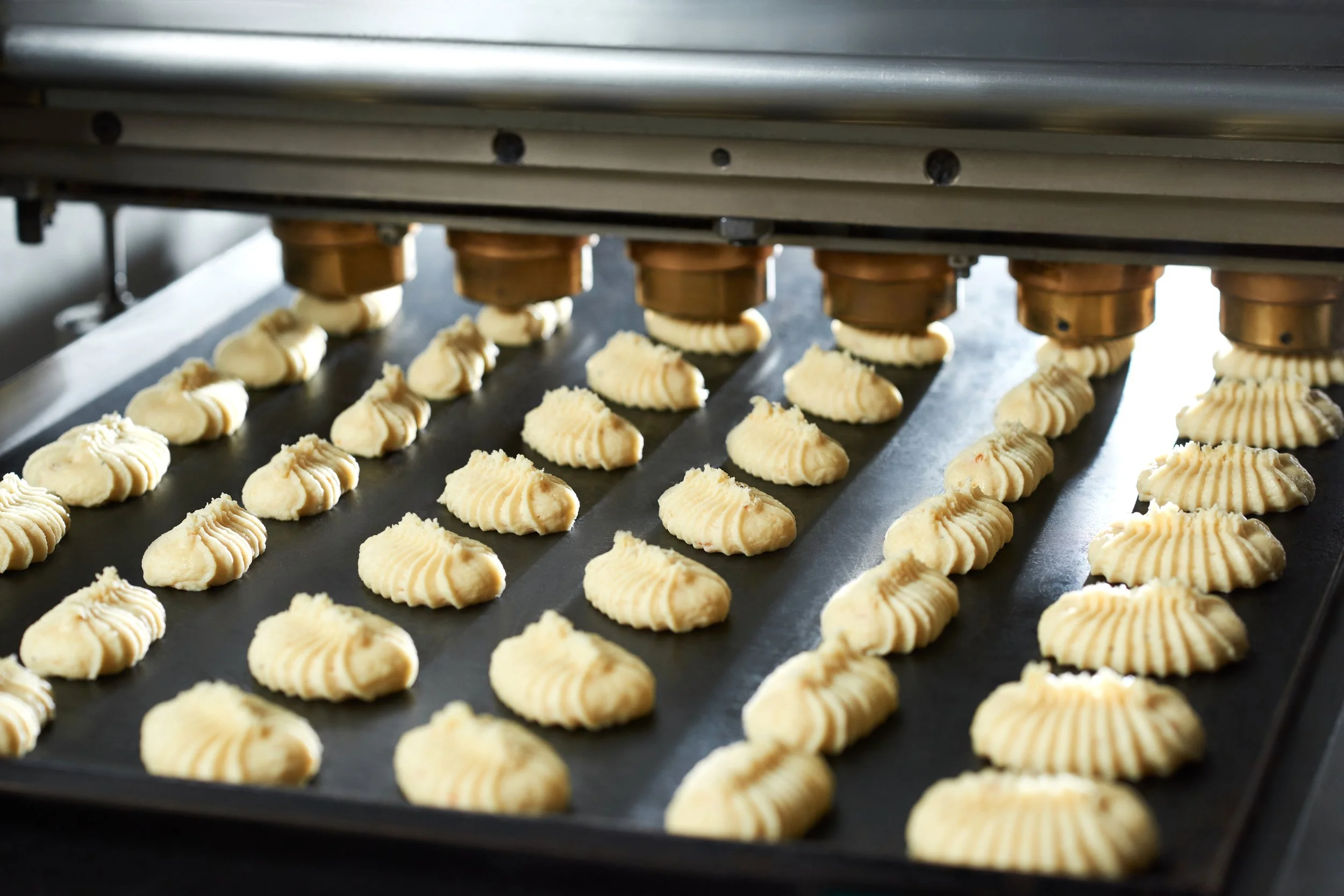 Rows of piped cookie dough on a baking tray in a commercial oven.