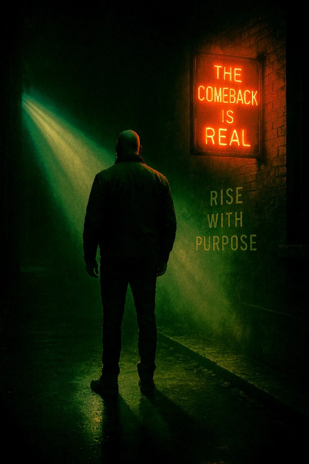 A man standing in a dark alleyway lit by a red neon sign that reads 'The Comeback is Real' and white text that says 'Rise with Purpose' on the brick wall.