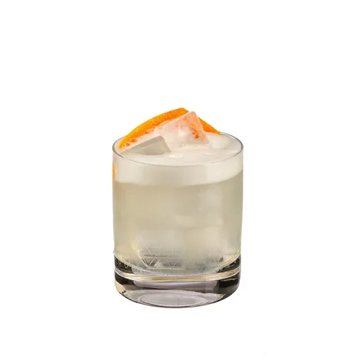 A glass of clear cocktail with ice and a slice of orange on top.