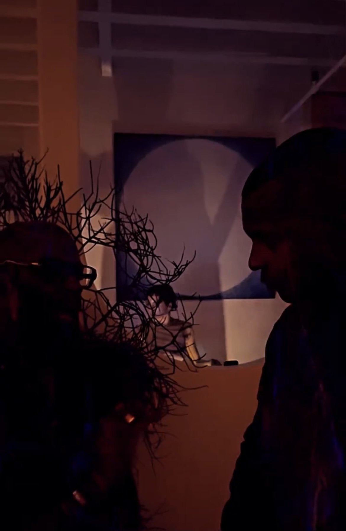 Night scene with silhouettes of a person and tree branches, illuminated by some ambient lighting, reflecting on a window with a view of moon and clouds outside.