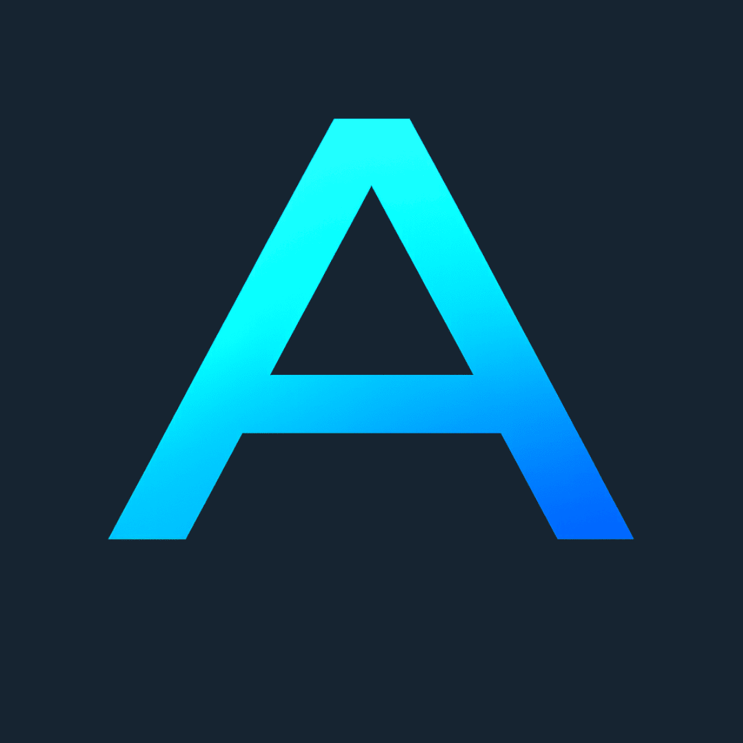 Large stylized letter A with a gradient from cyan to blue on a dark background.