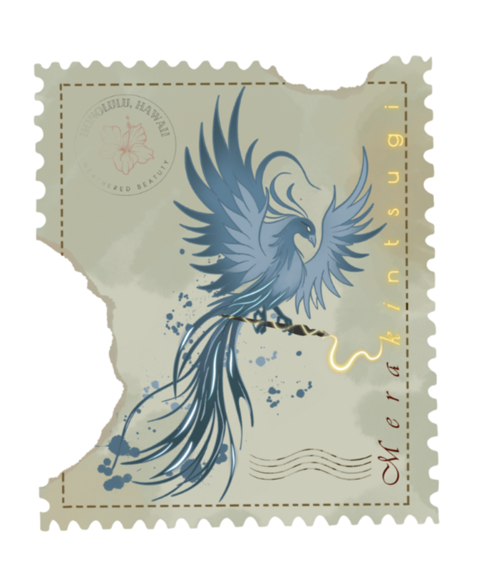 Merakintsugi phoenix stamp artwork symbolizing renewal and creative rebirth