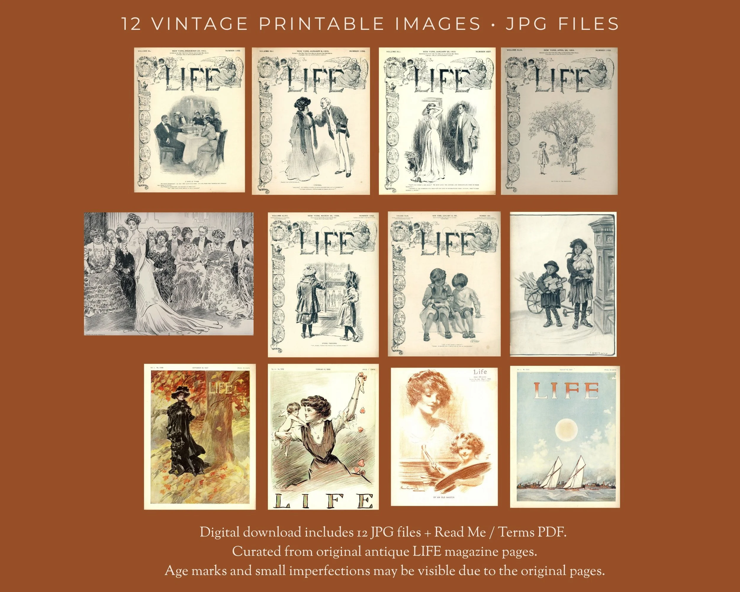 Antique LIFE Magazine Illustrations | 12 Vintage Printable Images | 1902–1913