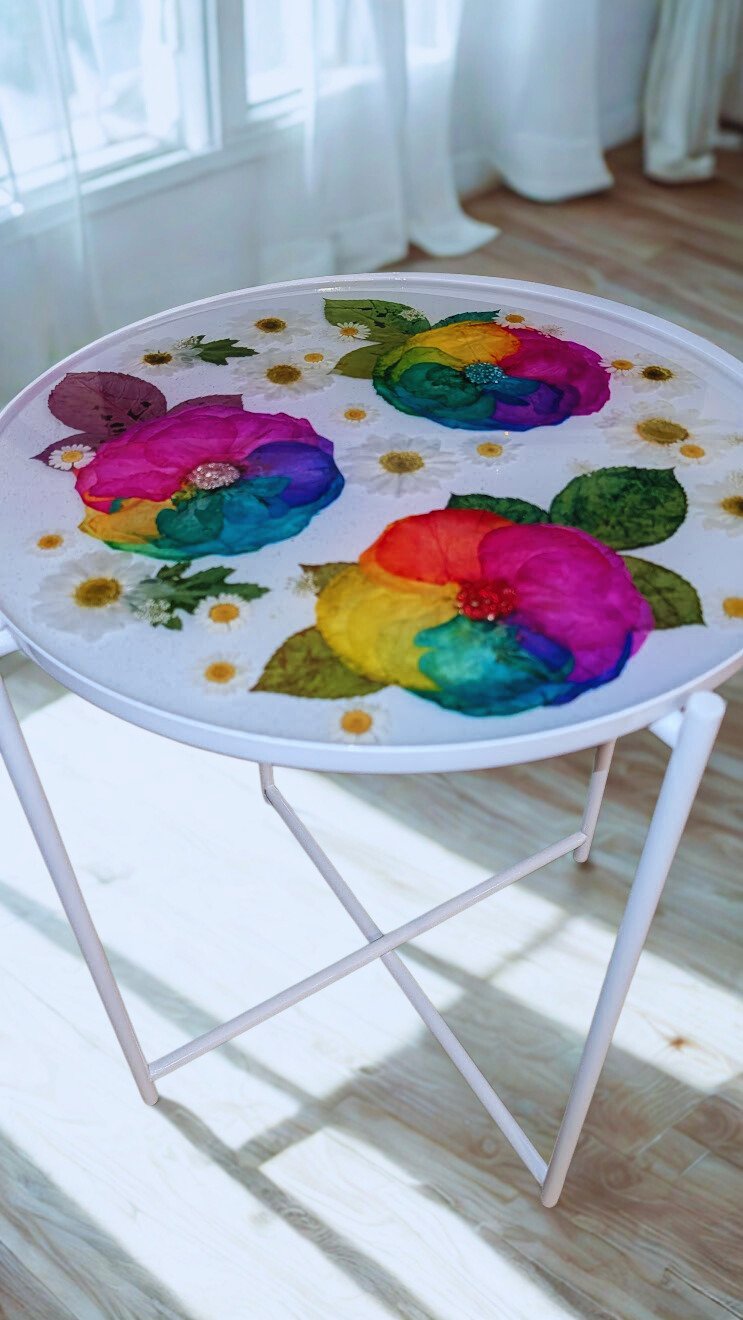 Hand Pressed Rainbow Roses Resin Accent Table