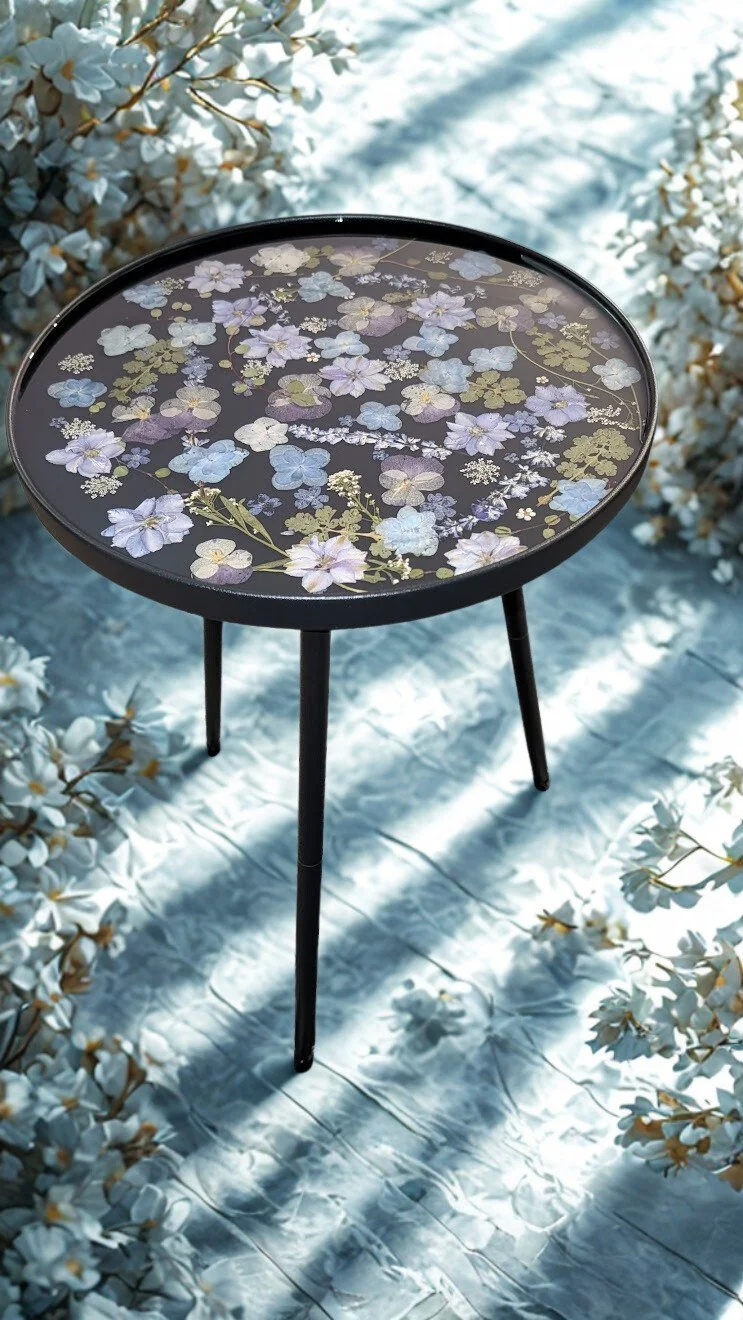 Floral Elegance: Hand-Poured Resin Side Table with Midnight Botanicals