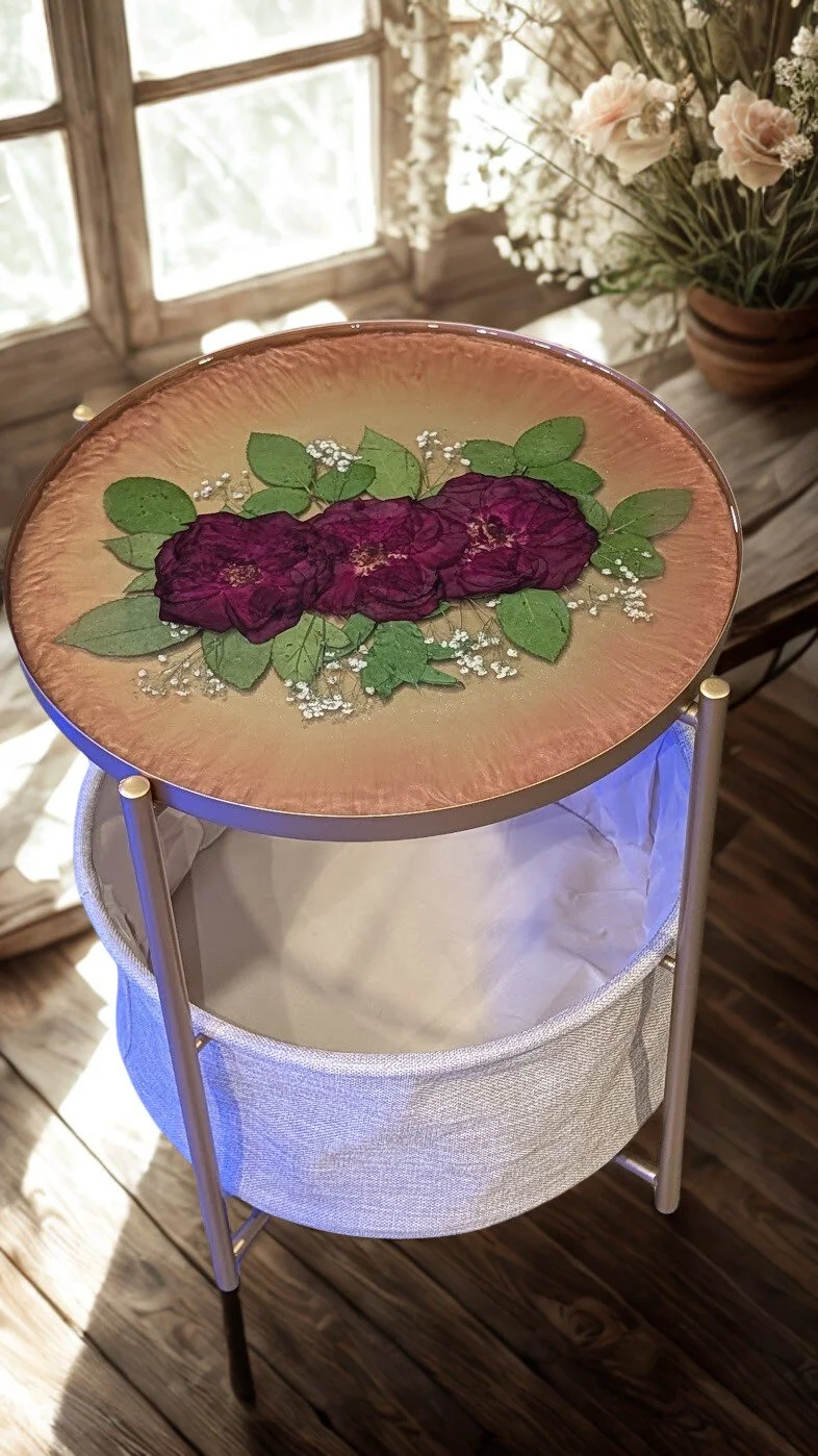 Handcrafted Vintage Floral Resin Side Table with Integrated Storage | Preserved Magenta Roses &  Rose Gold