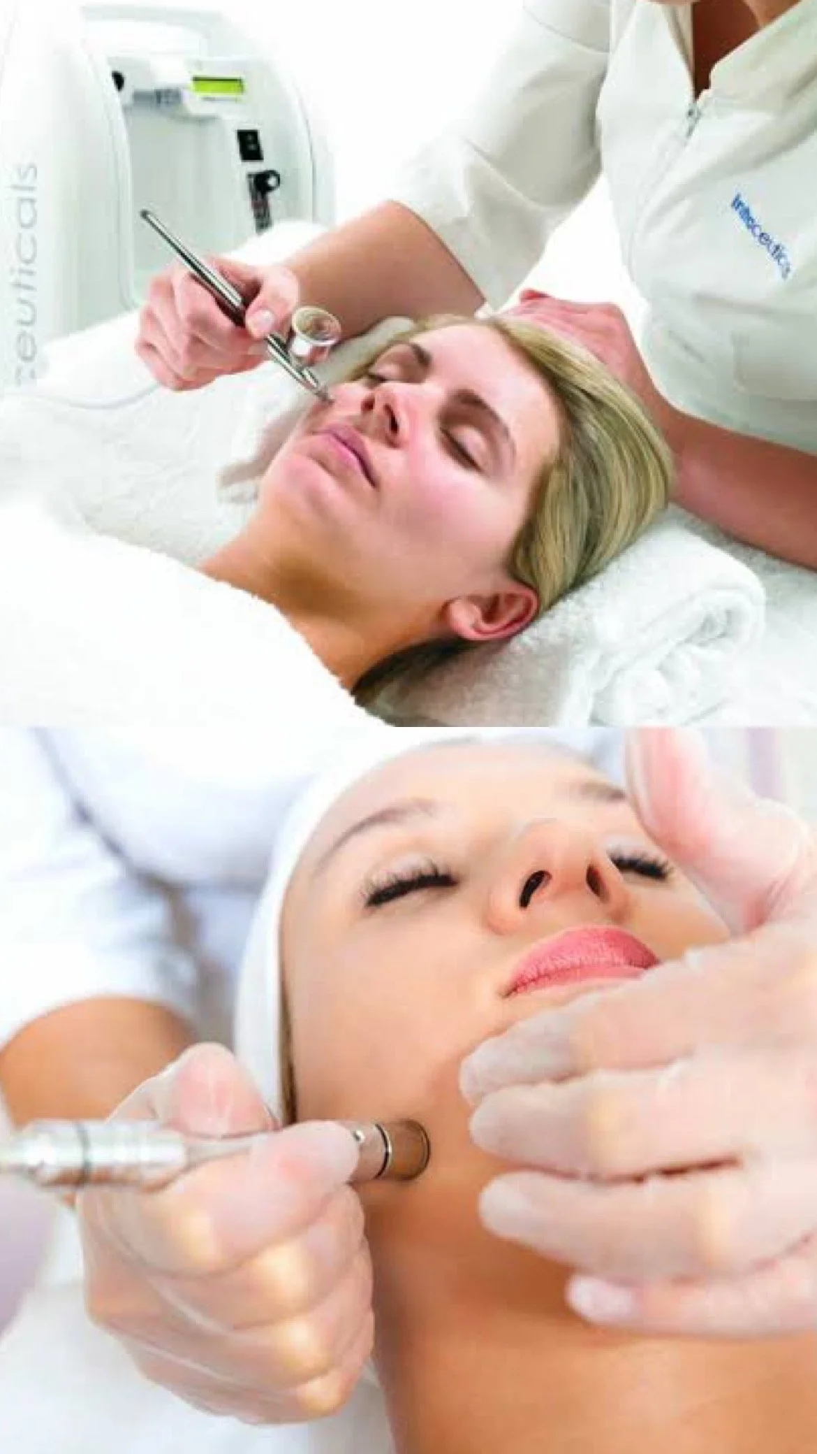 Two women receiving skincare treatments in a dermatology clinic, one with a device near her face and another undergoing a facial with a tool on her cheek.