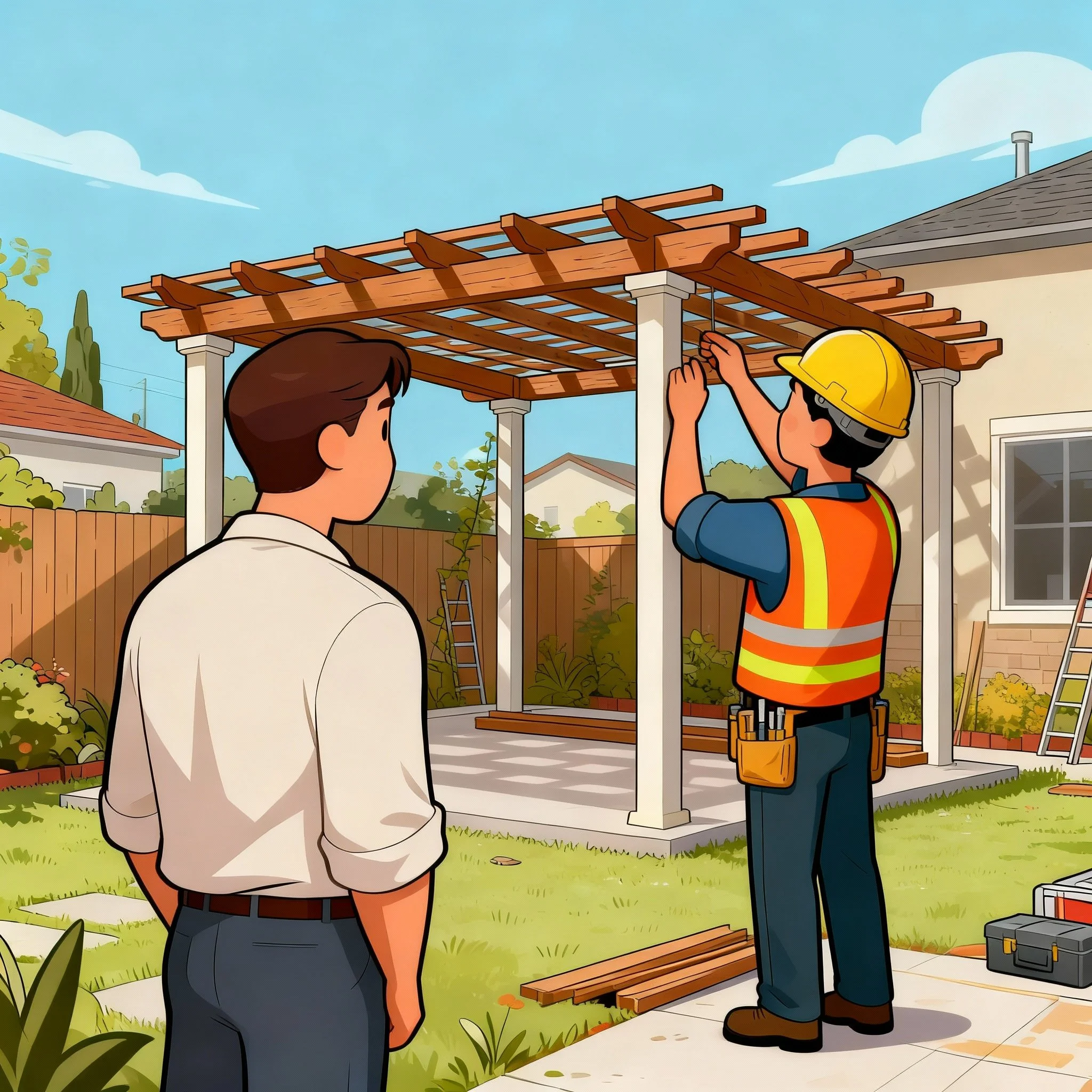 Construction worker installing wooden beams on a pergola in a residential backyard while another man observes.