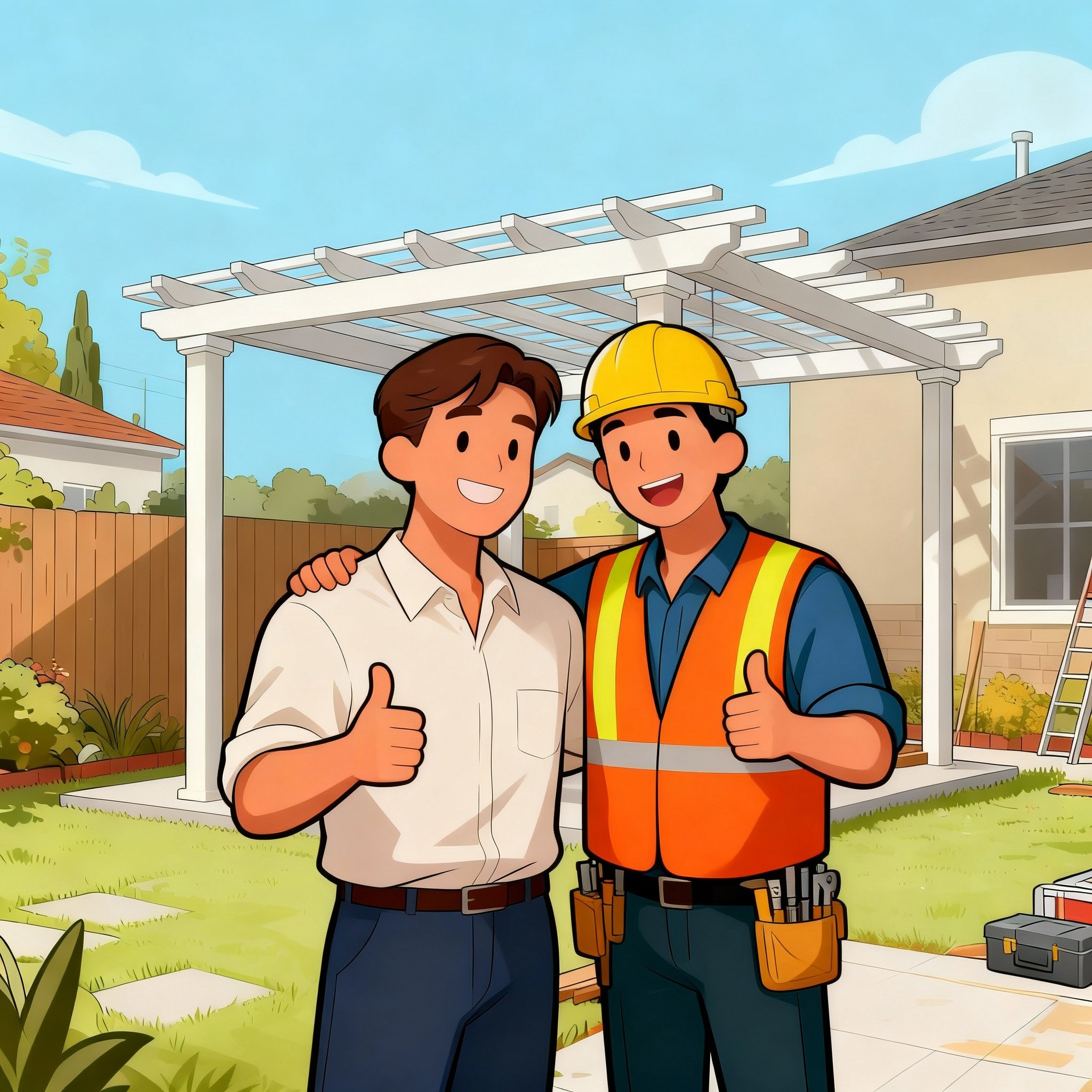Two men smiling and giving thumbs up in a backyard construction scene, one man is a homeowner in casual clothes and the other is a construction worker in safety gear, with a partially built pergola in the background.