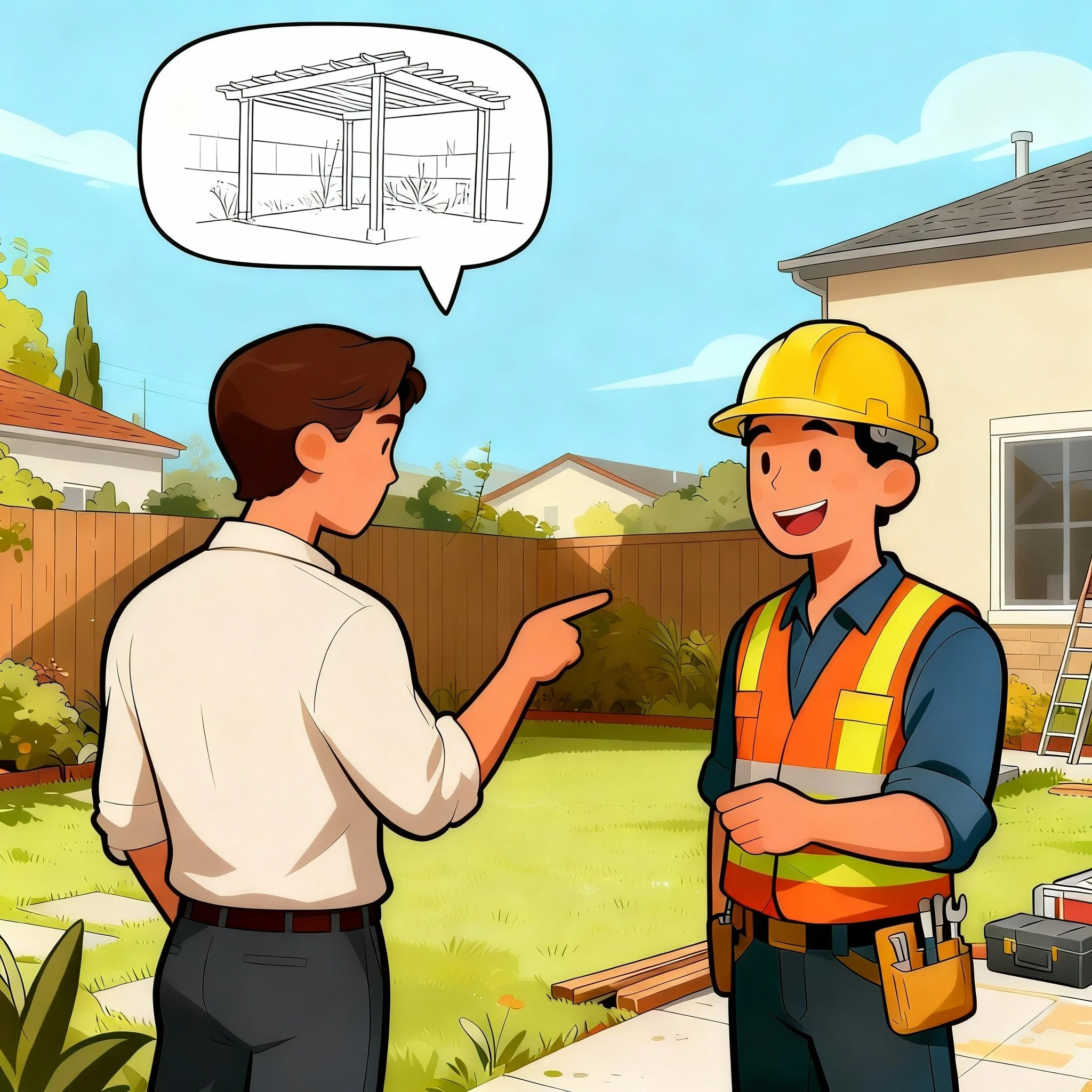 A man in a white shirt and black pants talking to a construction worker in a yellow hard hat and safety vest in a backyard with a fence and house.