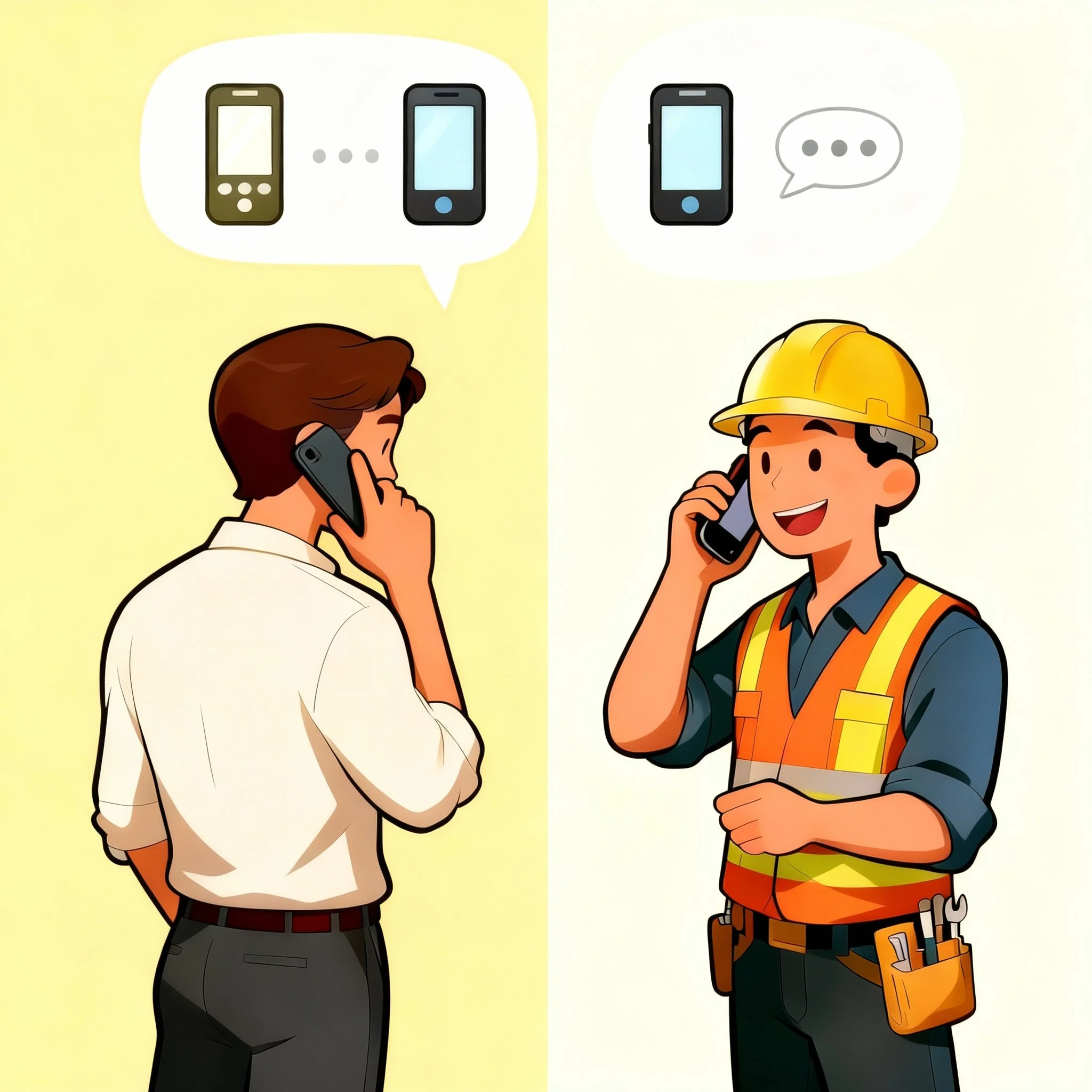 Side-by-side illustrations of two men on the phone. The left shows a man in business attire with dark hair, talking on a smartphone, with a speech bubble displaying two phones and a dotted line indicating connection. The right shows a man in construction attire with a yellow hard hat and orange safety vest, smiling and talking on a smartphone, with a speech bubble containing three dots.