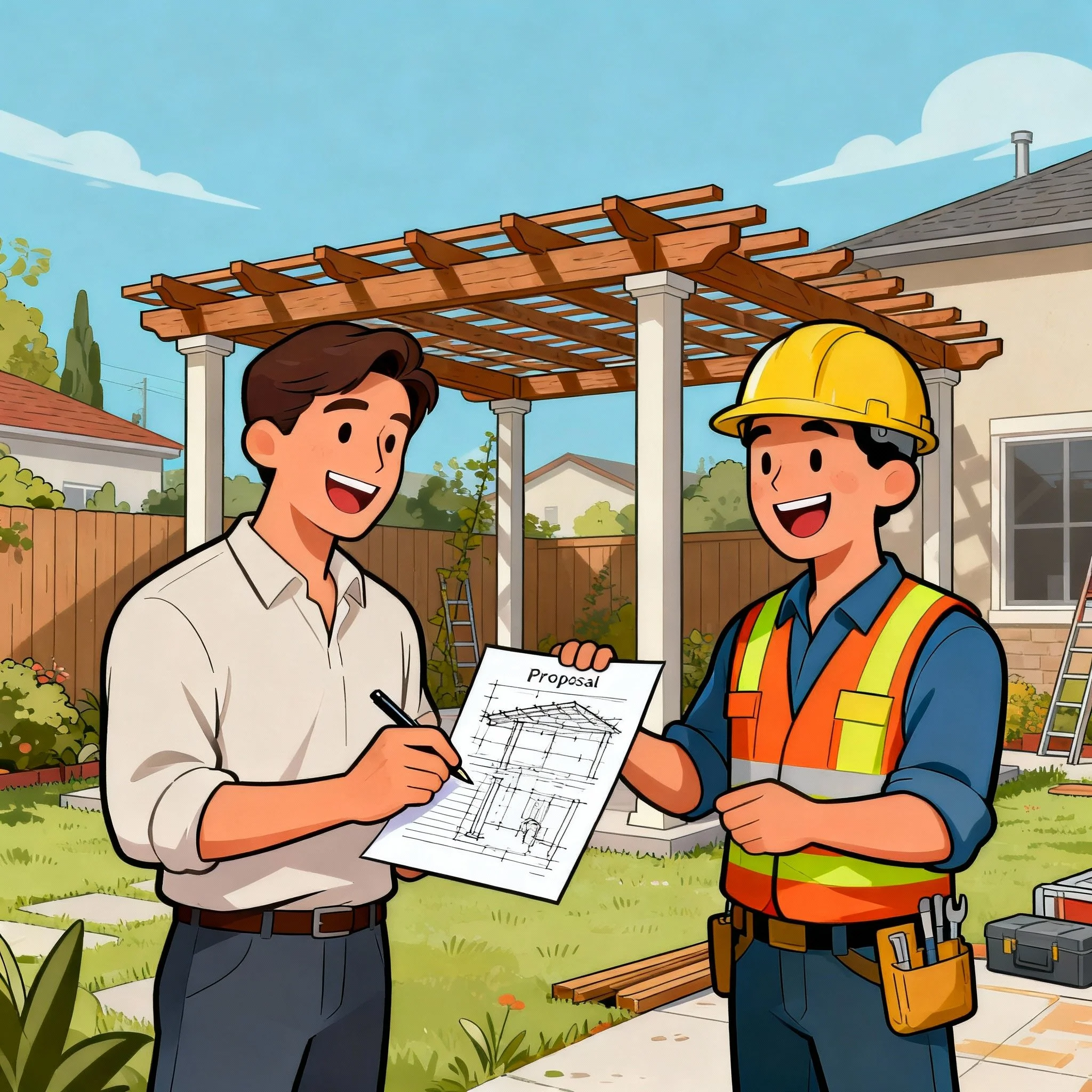 Two men discussing a construction plan in a backyard, with a partially built pergola overhead and gardening scenery around.