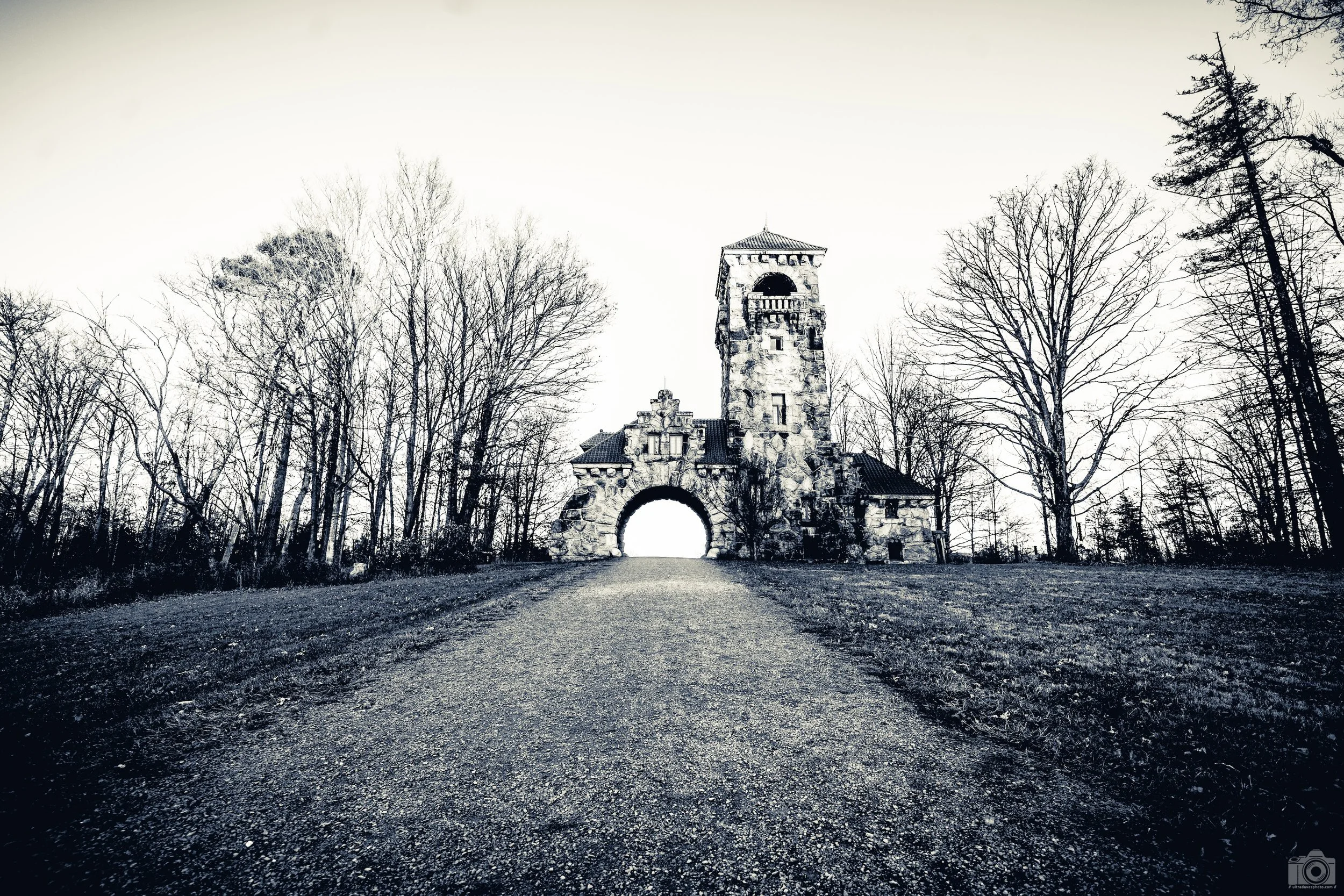 2024 - The Testimonial Gateway in B&W.  Completed in 1908 to honor the 50th Wedding Anniversary of Albert and Eliza Smiley, founders of Mohonk Mountain House.  Shot with a Sony a7c II // FE 12-24mm G @ 16mm f/4 ISO 400 - 1/200s.