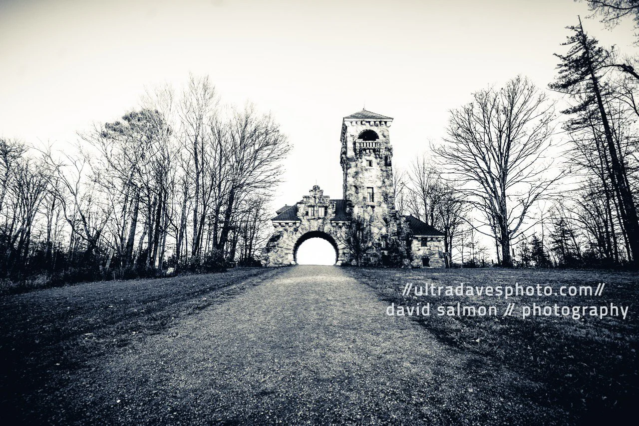 The Testimonial Gateway in B&W. Completed in 1908 to honor the 50th Wedding Anniversary of Albert and Eliza Smiley, founders of Mohonk Mountain House. Shot with a Sony a7c II // FE 12-24mm G @ 16mm f/4 ISO 400 - 1/200s.
