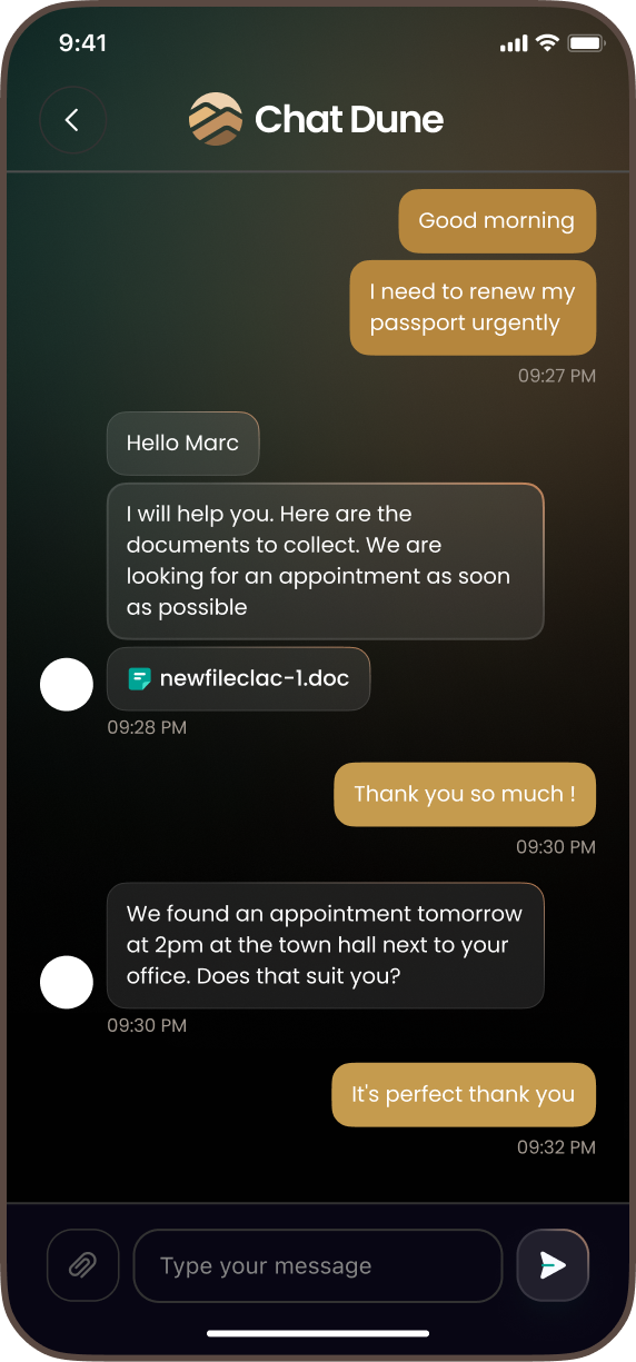 Screenshot of a messaging app conversation with Chat Dune regarding renewing a passport and scheduling an appointment for document collection.